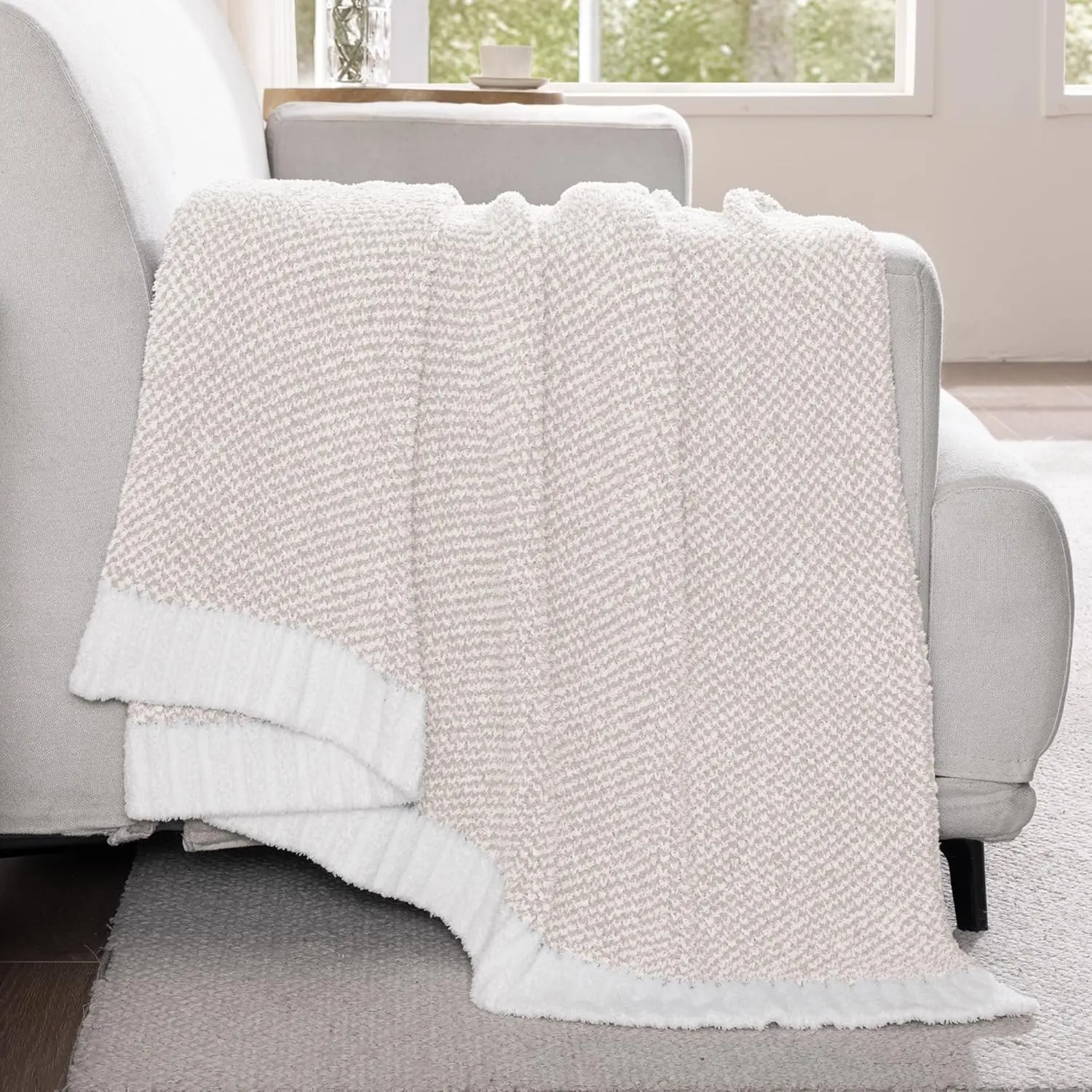 Checkered Knit Throw Blanket, Ultra Soft and Warm Reversible Woven Blankets, Cozy Snuggly Throw for Couch Bed and  Decor, Heather Camel, 50"x60"