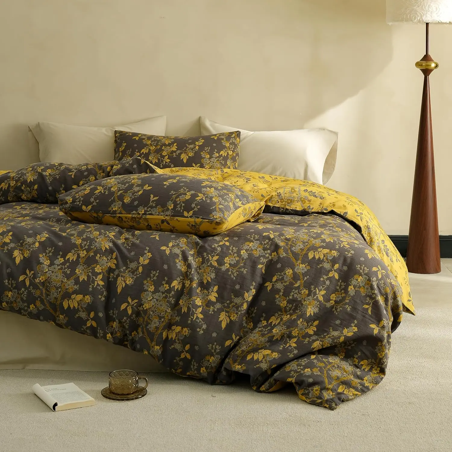 Modern Muslin Duvet Cover Set - 3-Count Yarn-Dyed Grey Floral Jacquard Textured Bedding, Soft Breathable Gauze Comforter Cover with Zipper Closure, Synthetic, Cold Wash Safe, Durable, Fade Resistant, Machine Wash