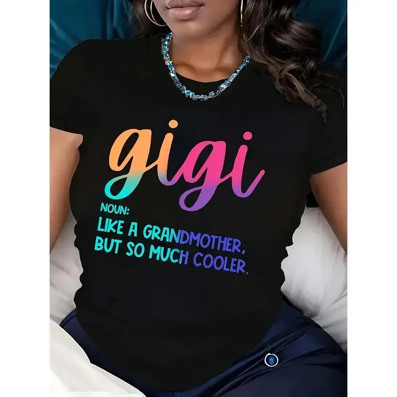 Casual Crew Neck T-Shirt with Gigi Alphabet Print, All Season Comfort Fit, Knit Fabric Tee