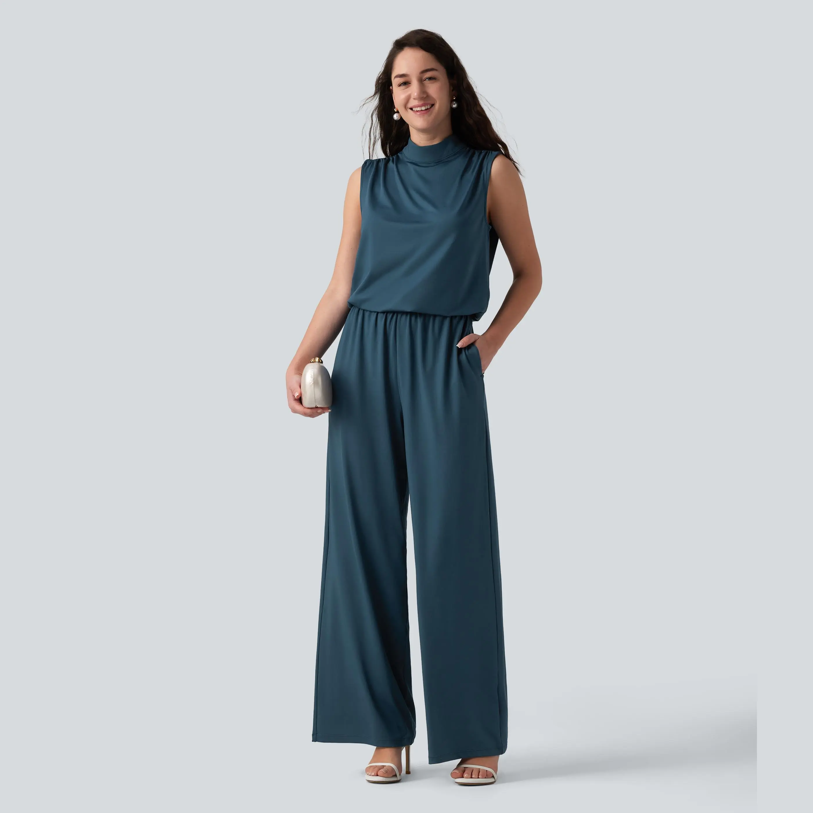 Halara Stand Collar Sleeveless Straight Leg Bridesmaid And Wedding Guest Jumpsuit with Pockets-Easy Peezy