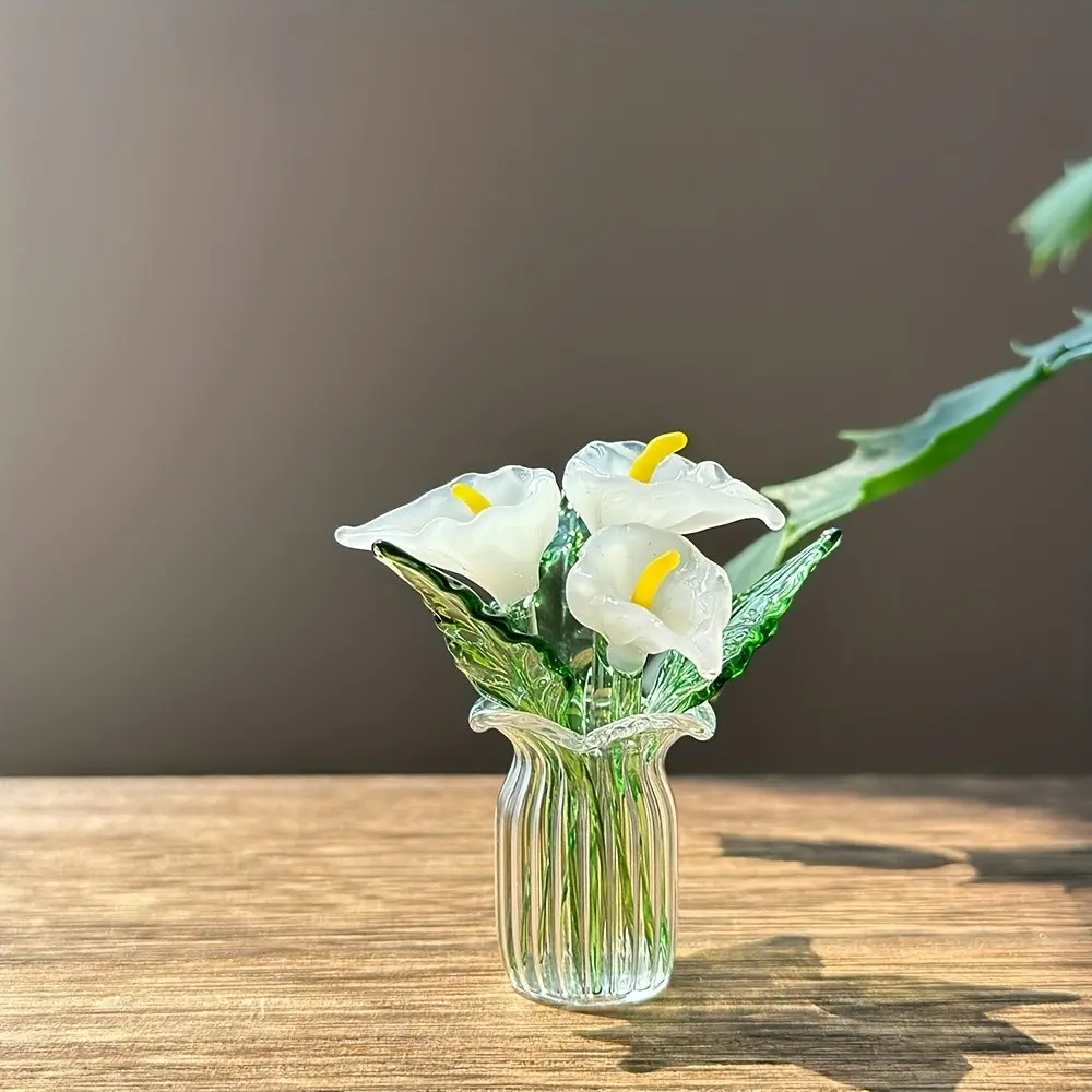 White/Blue Horseshoe Lotus Bottle Set (with leaves), Handmade Glass Flower Ornament, Glass Eternal Simulation Bouquet, Artificial Flowers, Decorative Artificial Flowers, Suitable for Desktop, Car, Christmas Decoration, Ideal Gift Choice