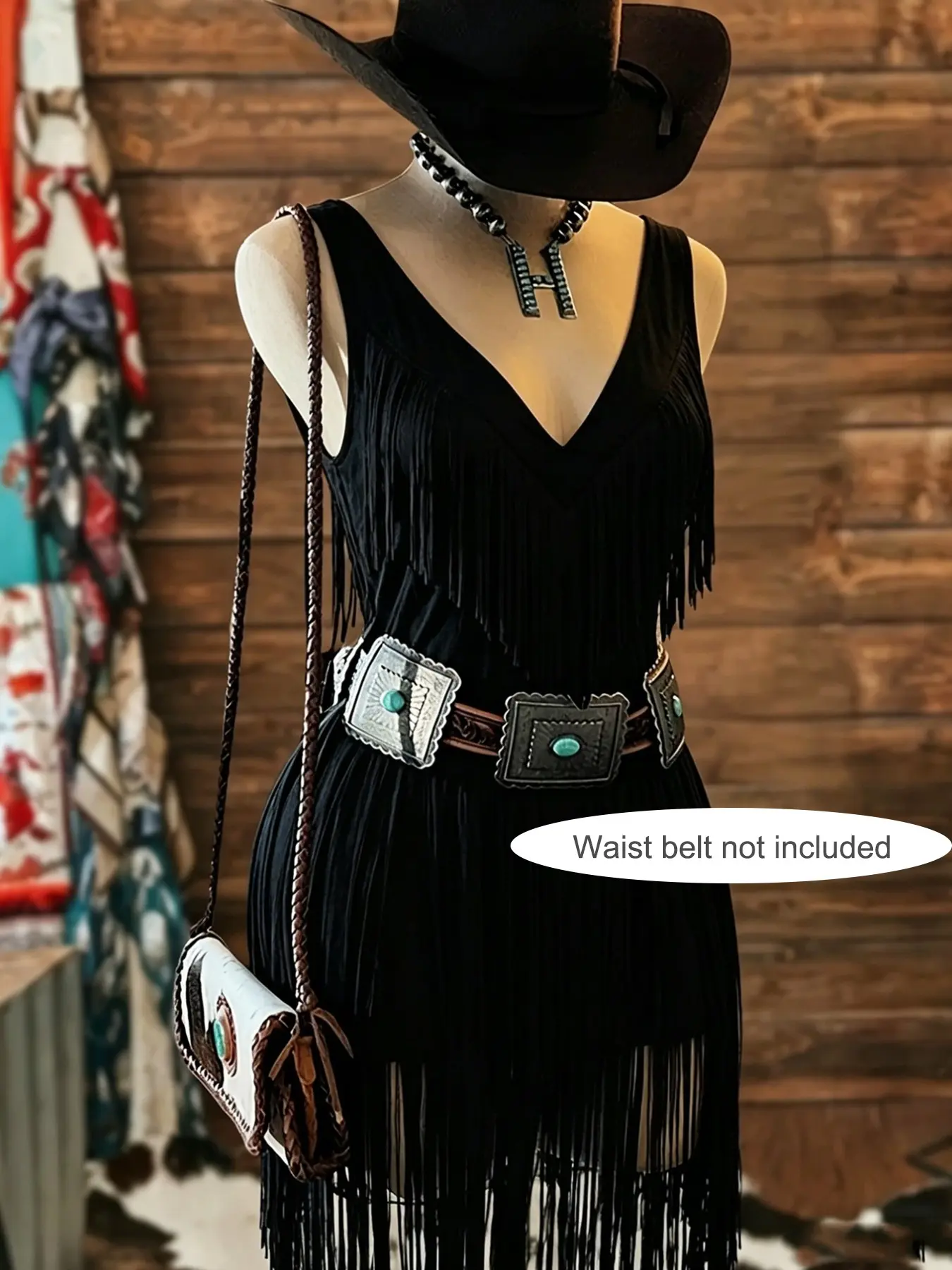 Women's Western Style V Neck Tiered Fringe Sleeveless Midi Dress, Vintage Music Festival Party Dress, No Belt Included