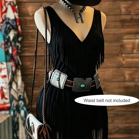 Women's Western Style V Neck Tiered Fringe Sleeveless Dress, Chic Dress, Vintage Music Festival Party Dress, No Belt Included