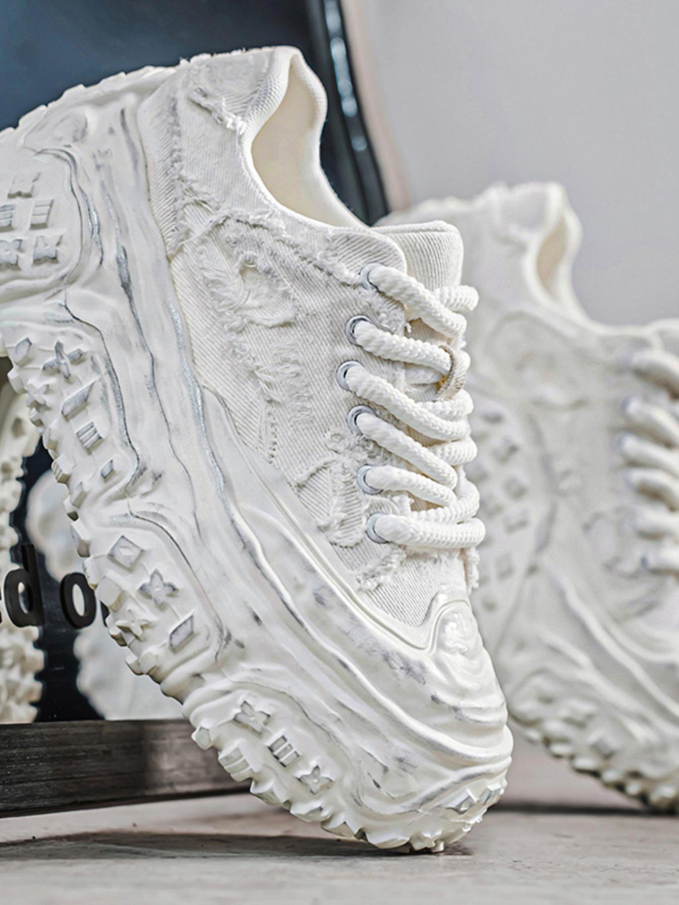 Men's Distressed Denim Chunky Platform Sneakers, Frayed Retro Streetwear Shoes, Avant-Garde Footwear for American Fashion Lovers Men's Distressed Denim Chunky Platform Sneakers, Frayed Retro Streetwear Shoes, Avant-Garde Footwear for American Fashion Lovers