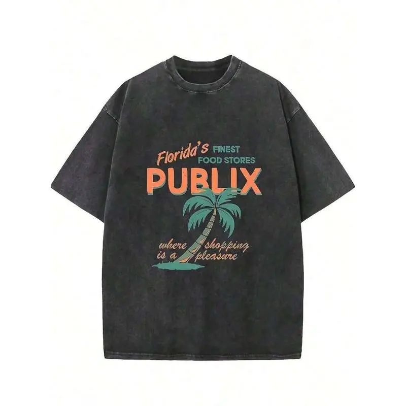 Florida Publix Graphic Tee,Streetwear Men's Black Washed Short Sleeve T-Shirt,Summer Tops-New Summer Outfits For Men-Vacation Outfits Men-Mens Clothes