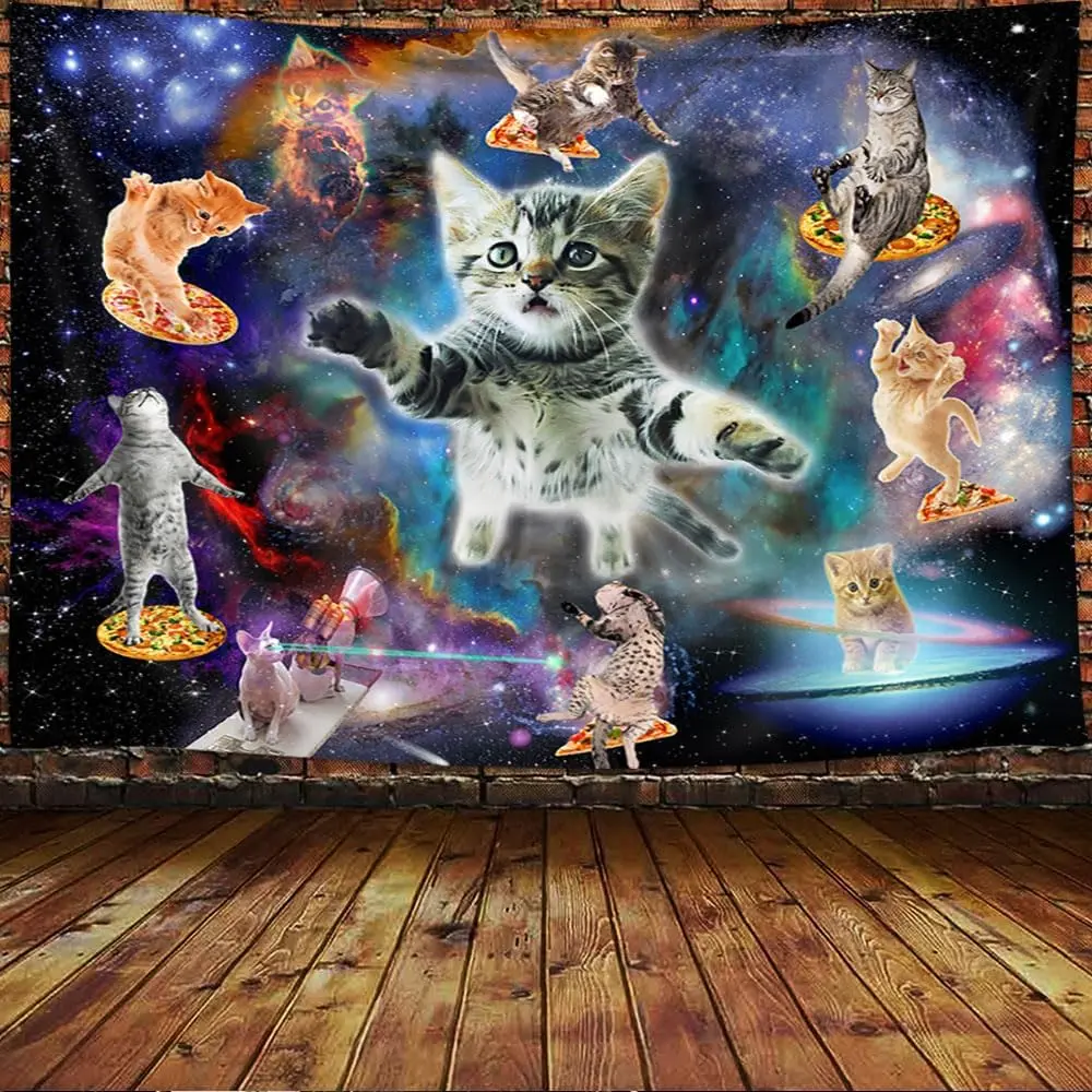 Cats Tapestry Wall Hanging, Cool Funny Kittens Starry Sky Nebula Galaxy Tapestry Milky Way Space Psychedelic Hippie Tapestry Wall Hanging Home Decor Dorm Livingroom Bedroom Wall Blanket, 80X60 Inches