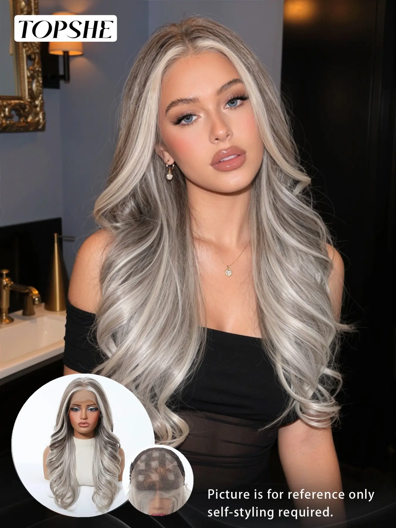 Topshe Hot Selling 13×6 Wide Lace Front Long Loose Wavy Wig, Dark Root Ice White Highlight Balayage, Pre Plucked Natural Baby Hairline, Futura Heat Resistant Fiber, Glueless Wear & Go For Party Photoshoot Daily Look