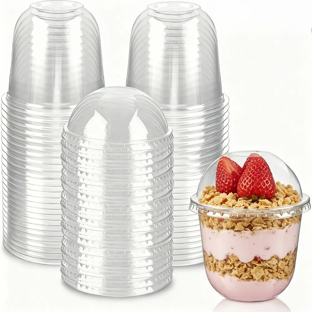 50 Pack 12oz  Plastic Coffee  with Dome Lids, To Go Iced Coffee  with Lids, BPA Free Clear Parfait  for Party, Smoothie, Bubble Boba, Juice, Frappuccino, Milkshake disposable dessert cup
