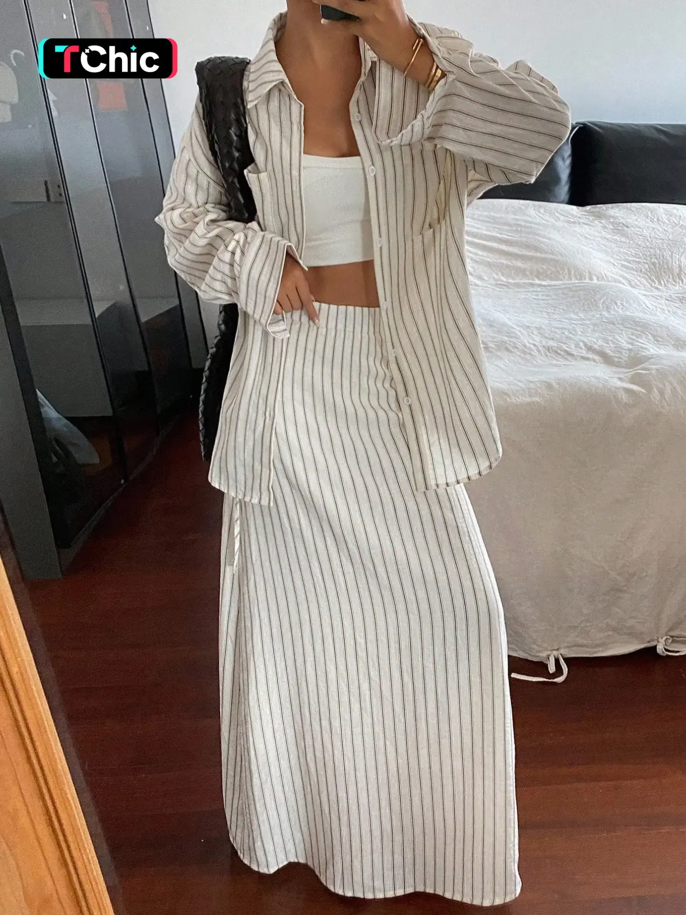 Women's Casual Striped Long Sleeve Button Loose Shirt and Skirt Set, Spring & Fall Fashion, Slim-Fitting Suit, Plain Pattern