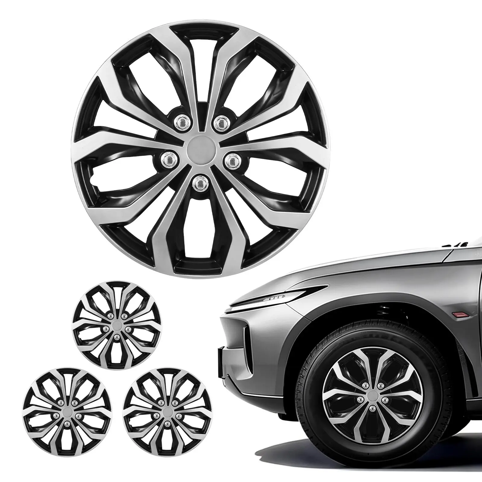 VEVOR Hubcaps Wheel Covers, 15 Inch Set of 4 Wheel Rim Cover Hubcaps OEM Replacement, R15 Size Snap On Car Hub Caps, Universal 10-Spoke ABS Tire Rim Caps for Hyundai Chevrolet Ford Honda, Silver/Black