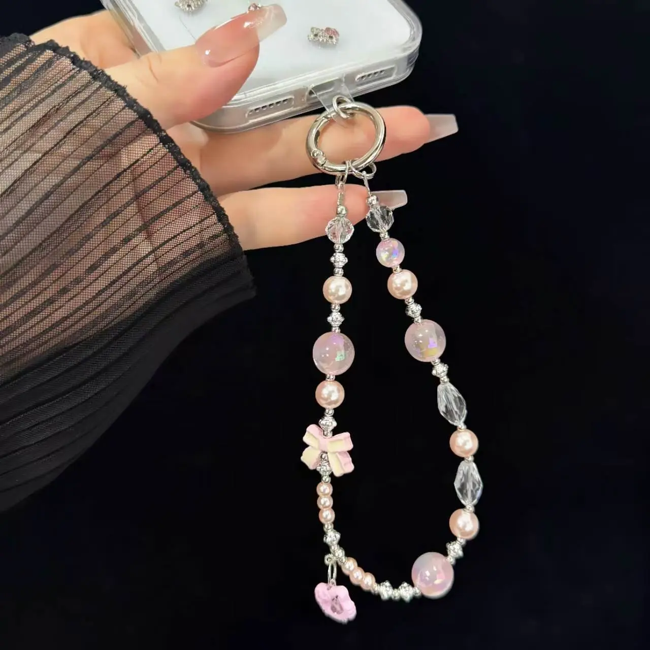 Cute Three-Color Bow Cat Head Phone Charm, Hand-Drawn Bead Wrist Strap, Camera Keychain, Backpack Earphone Holder, Style Accessory