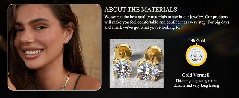 Fashionable 3 Pairs Synthetic Moissanite Earrings Studs 14K Gold Plated S925 Sterling Silver Flat Back Earring for Women Men - Hypoallergenic Set Cartilage Helix Piercing Jewelry D Color VVS1 1.8CT