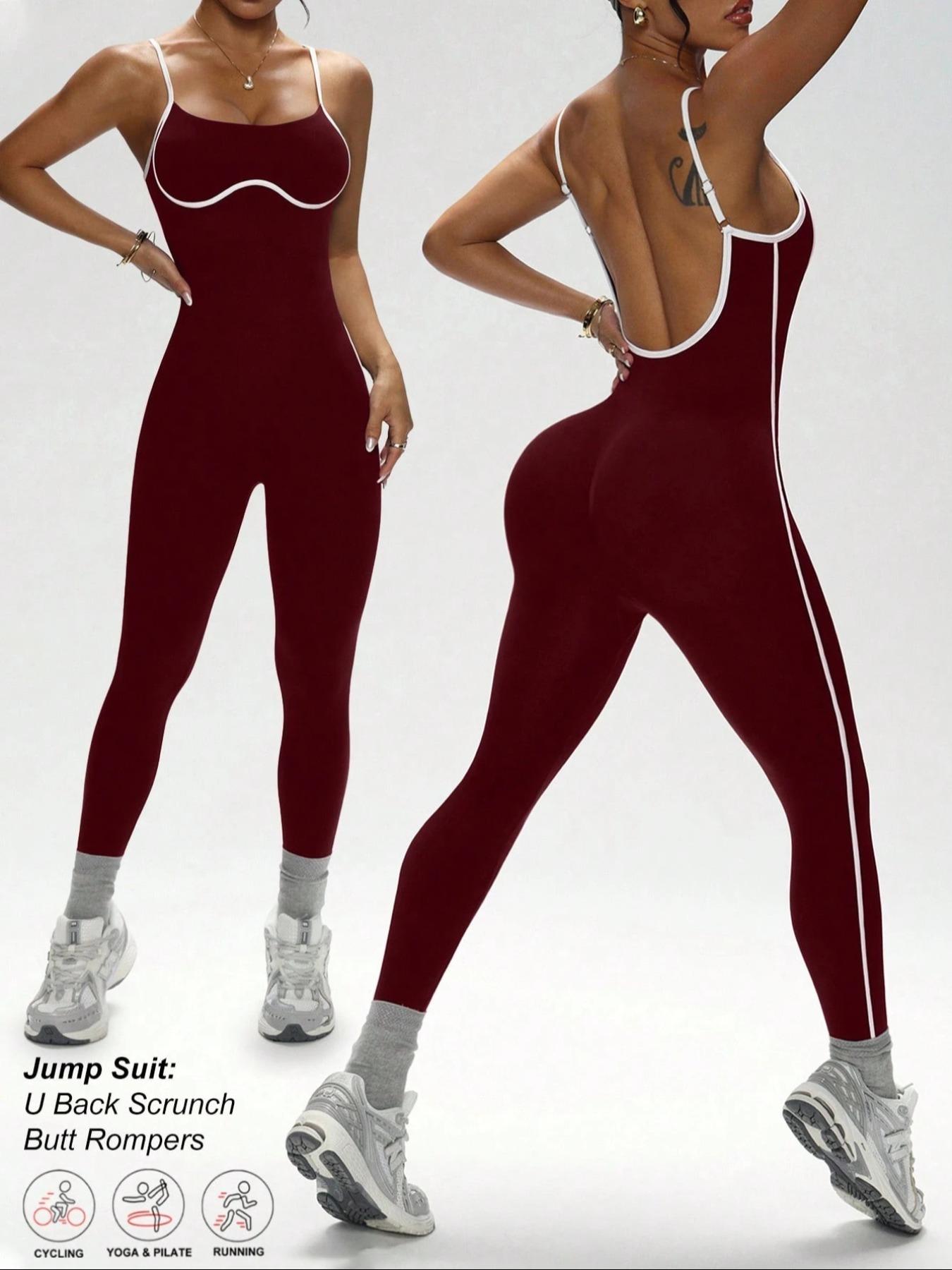 Women's Colorblock Square Neck High Elastic Yoga Bodysuit, Seamless Breathable Backless Outdoor Running Fitness Slimming Jumpsuit, Sportswear Jumpsuits