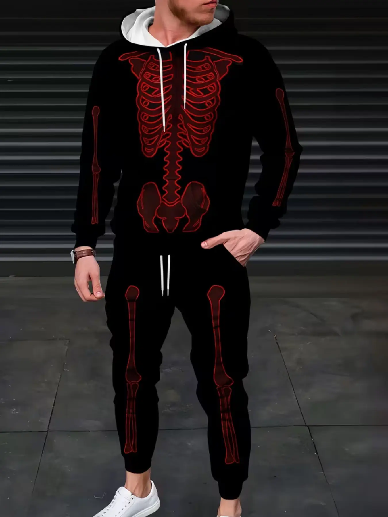 Men's Halloween Skeleton Print Hooded Sport Set, Loose Long Sleeve Sweatshirt, Ankle Pants, Fall Winter Casual Two-Piece