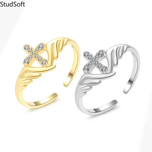 Women's 925 Sterling Silver Adjustable Size Angel Wings Cross Open Ring, Fashion Cubic Zirconia Minimalist Promise Jewelry, Birthday Gift Ideas for Girlfriend