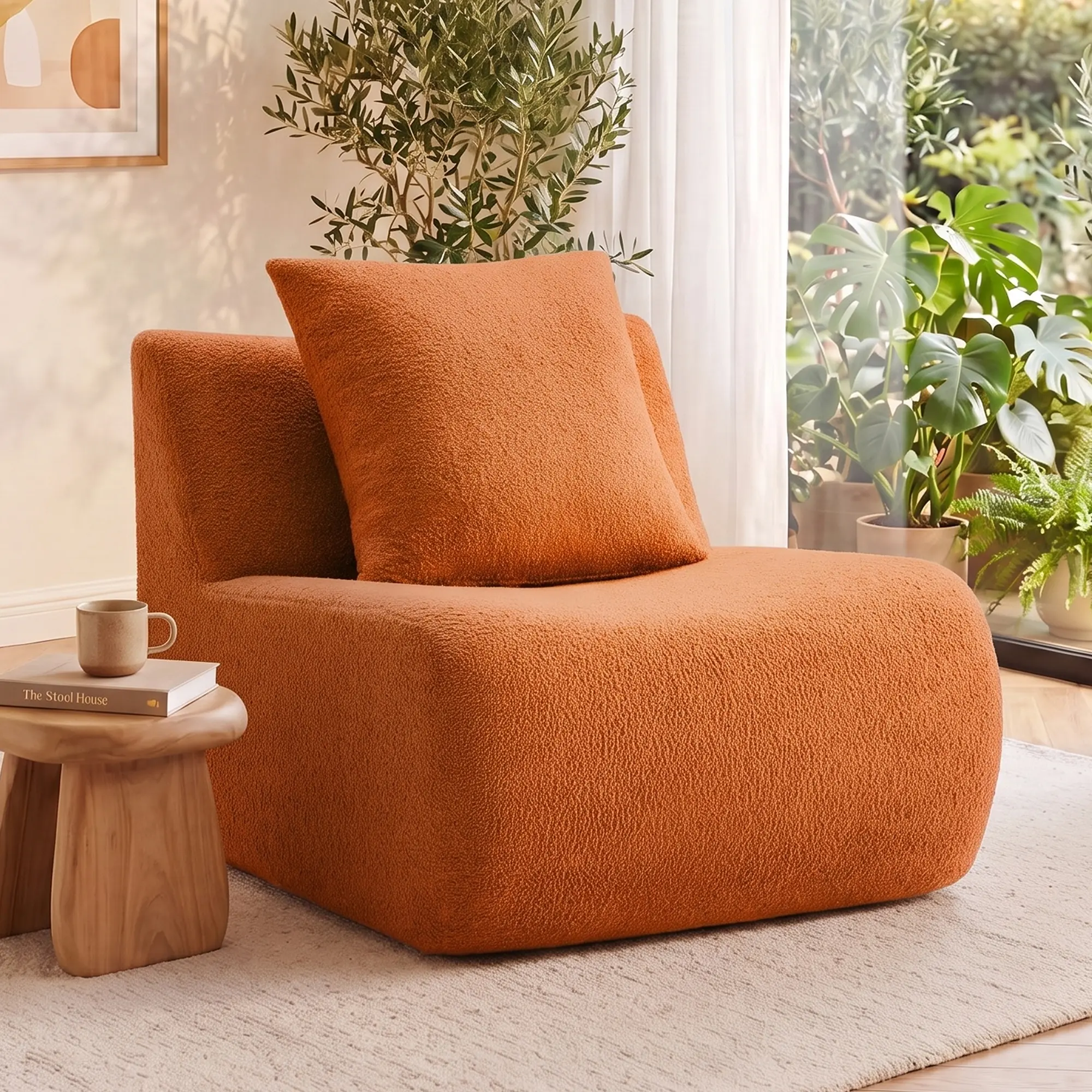 ARCH Armless Sofa with Pillow Teddy Fabric Orange Couch for Living Room Single Seat Small Space Comfy Cozy Loveseat Modern Apartment Furniture, Living Room Furniture for Apartment, Lounge, Family Room, Office and Home Seating, Sofa Couch Seating