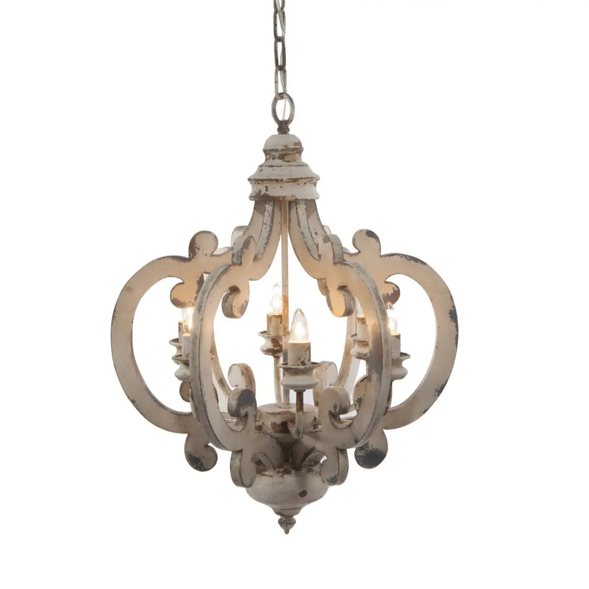 Aki 21 Inch 6 Light Chandelier, Carved Wood Frame, Classic, Vintage, White