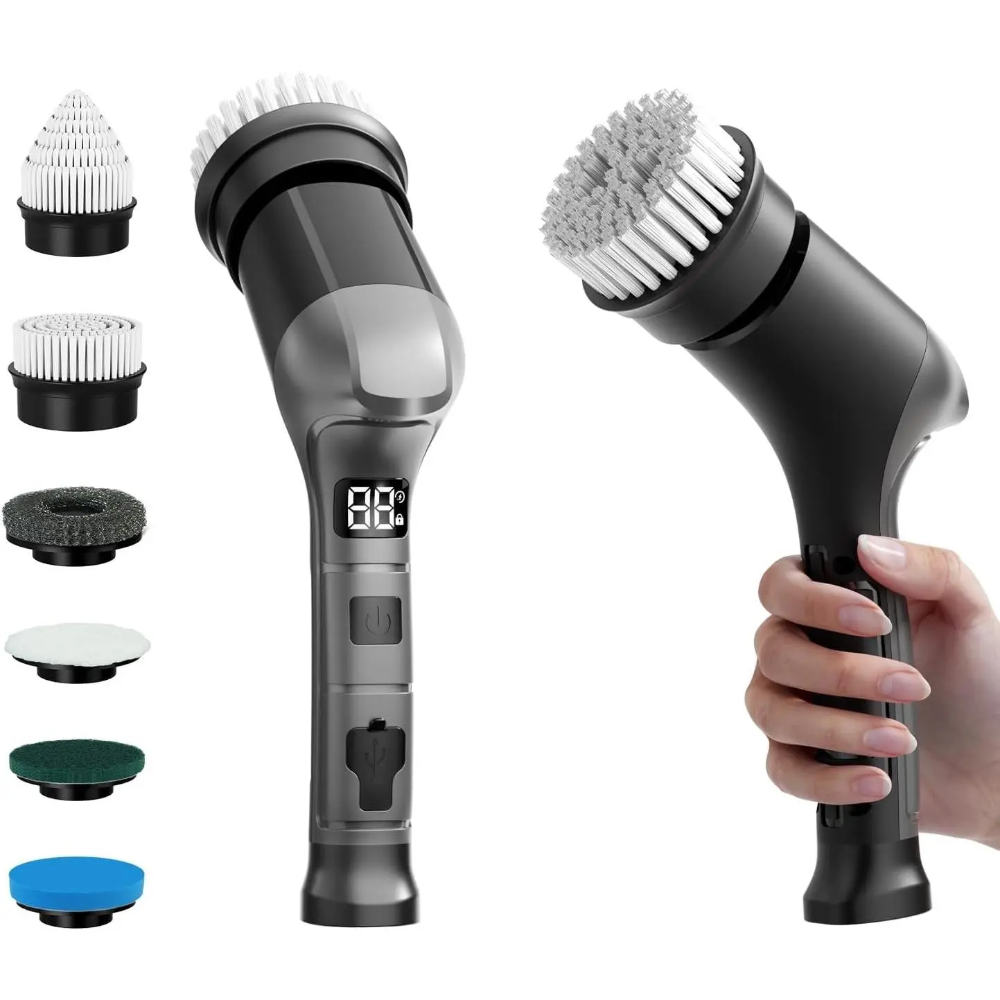 Electric Spin Scrubber, Cordless Power Dish Scrubber Brush, Type-C Fast Charging with LED Power Display, 3 Speeds, 6 Replaceable Heads for Cleaning Kitchen Stove/Bowl/Sink/Corner/Tile/Grout (Grey)Gift.