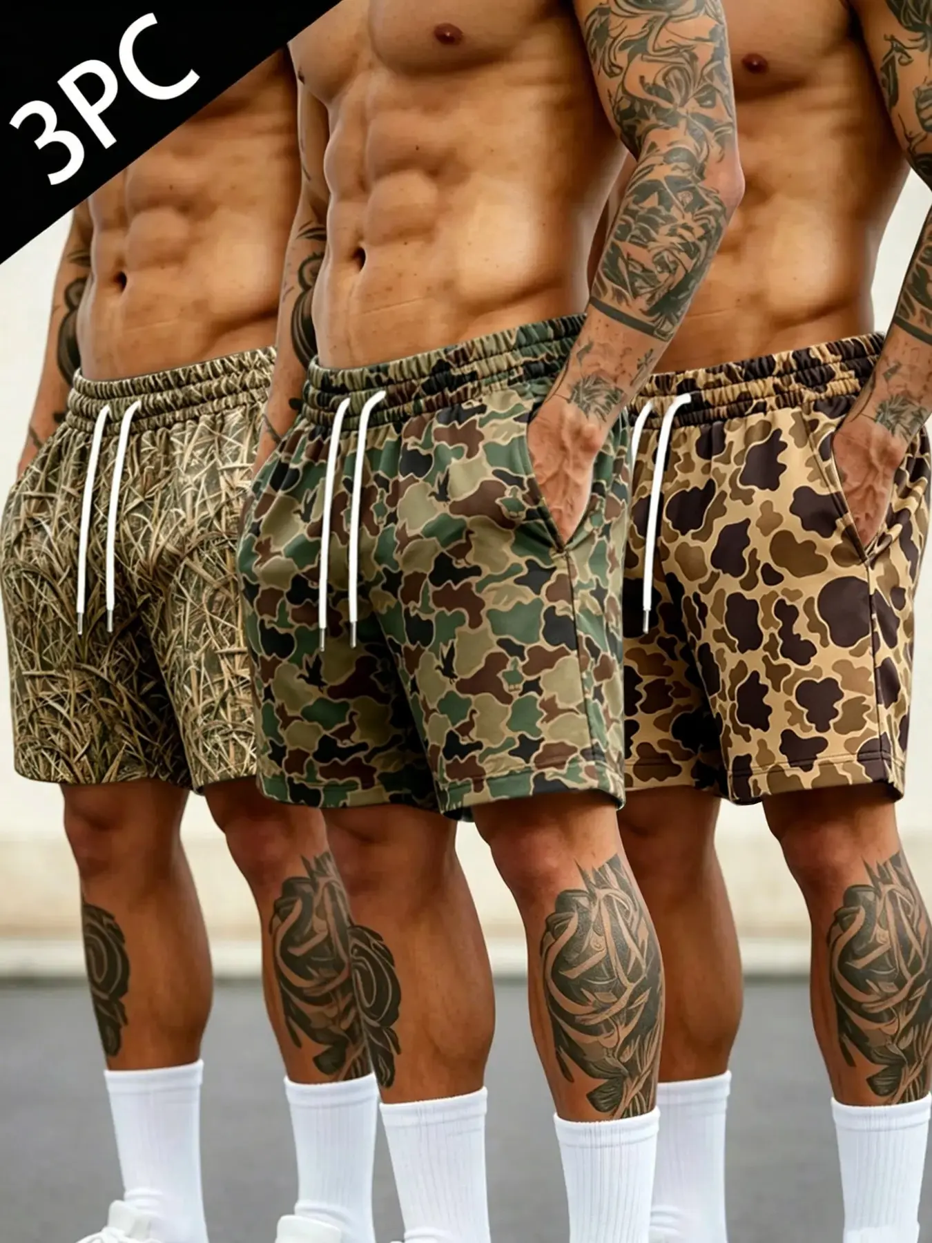Summer Men's 3-Pack Camouflage Drawstring Shorts, Elastic Waist + Drawstring, Side Pockets, Casual Fitness, Daily Commute, Beach, Outdoor Hiking, Casual Gym Shorts