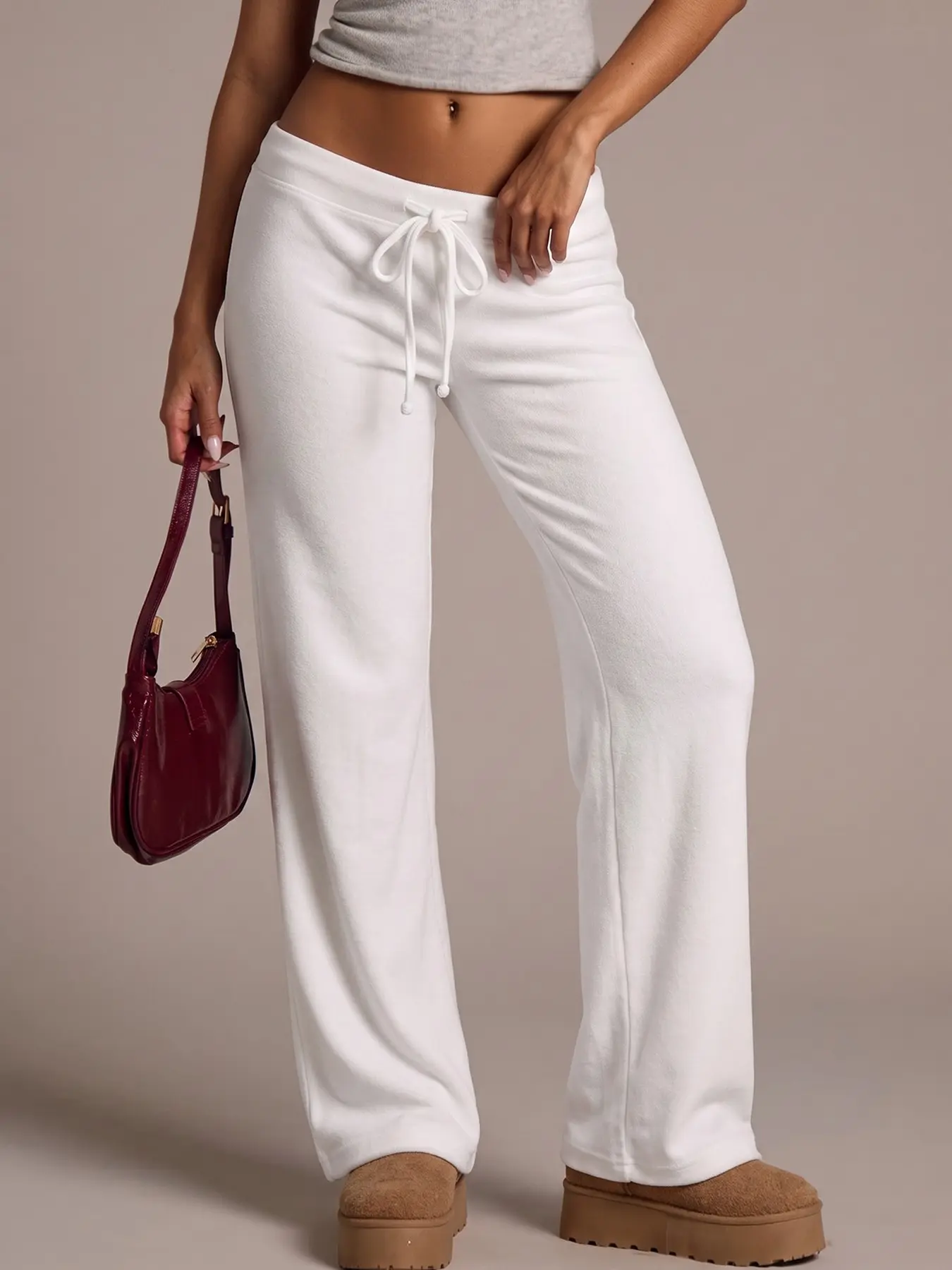 Women White Low Waist Drawstring Flared Sweatpants, Y2K Low Rise Micro Bootcut Lounge Pants, Soft Stretch Casual Trousers Match Crop Tops For Daily Streetwear #tiktokshopmademebuyit #flaredpants #y2kfashion #sweatpants