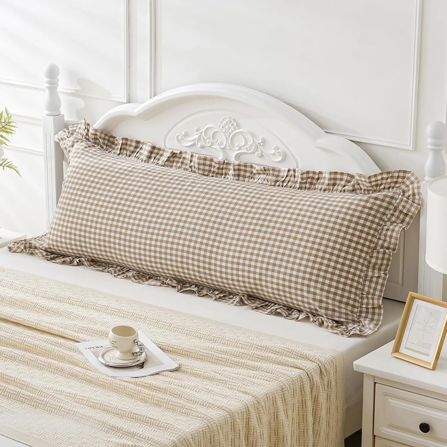 Taupe White Plaid Ruffled Body Pillow Cover Washed Cotton 20x54 Farmhouse Checkered Gingham Pillowcase for Living Room, Brown, 1 PackGift