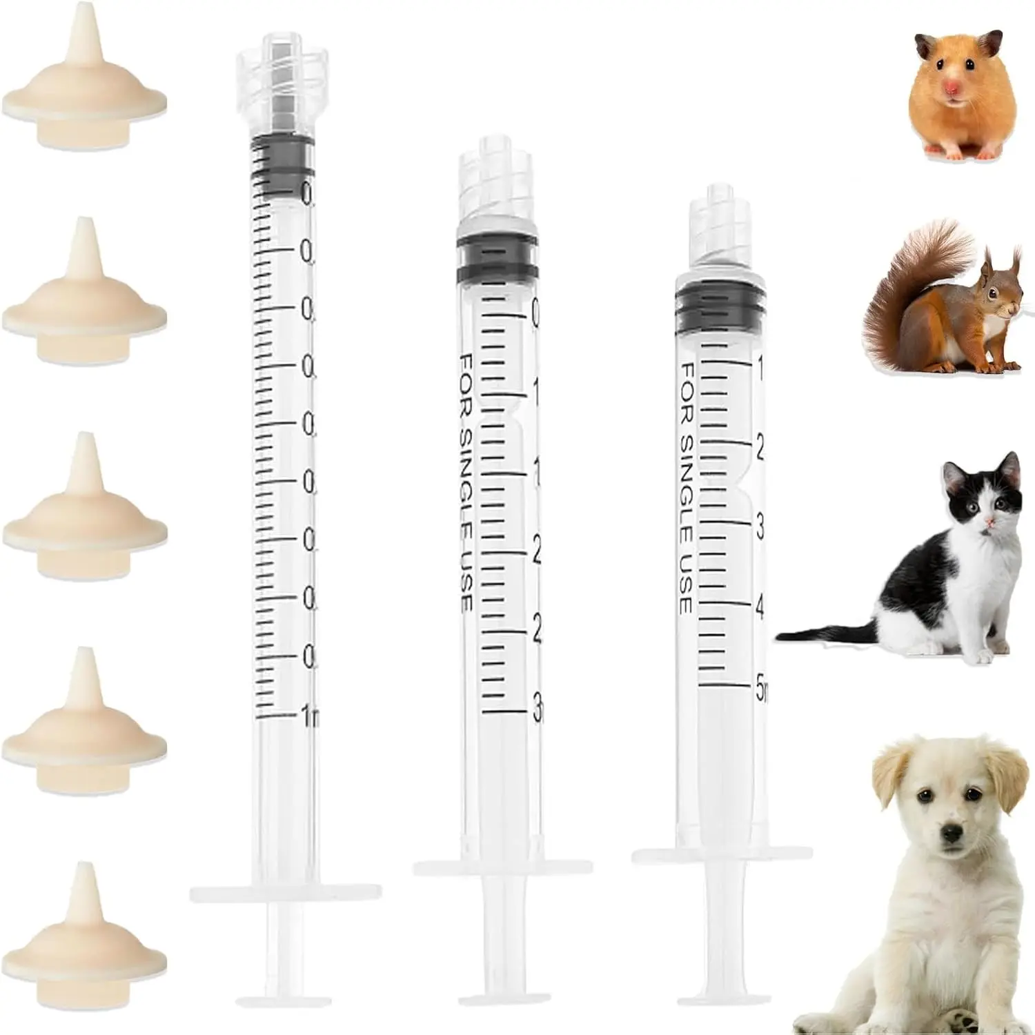 Pet Feeder Syringe, Newborn Animal Feeder Syringe Individually Wrapped, 1ML/3ML/5ML Pet Feeding Nursing Syringe with 5 Nipple, Silicone Pet Feeding Nipple for Kitten Puppy and Small Animals