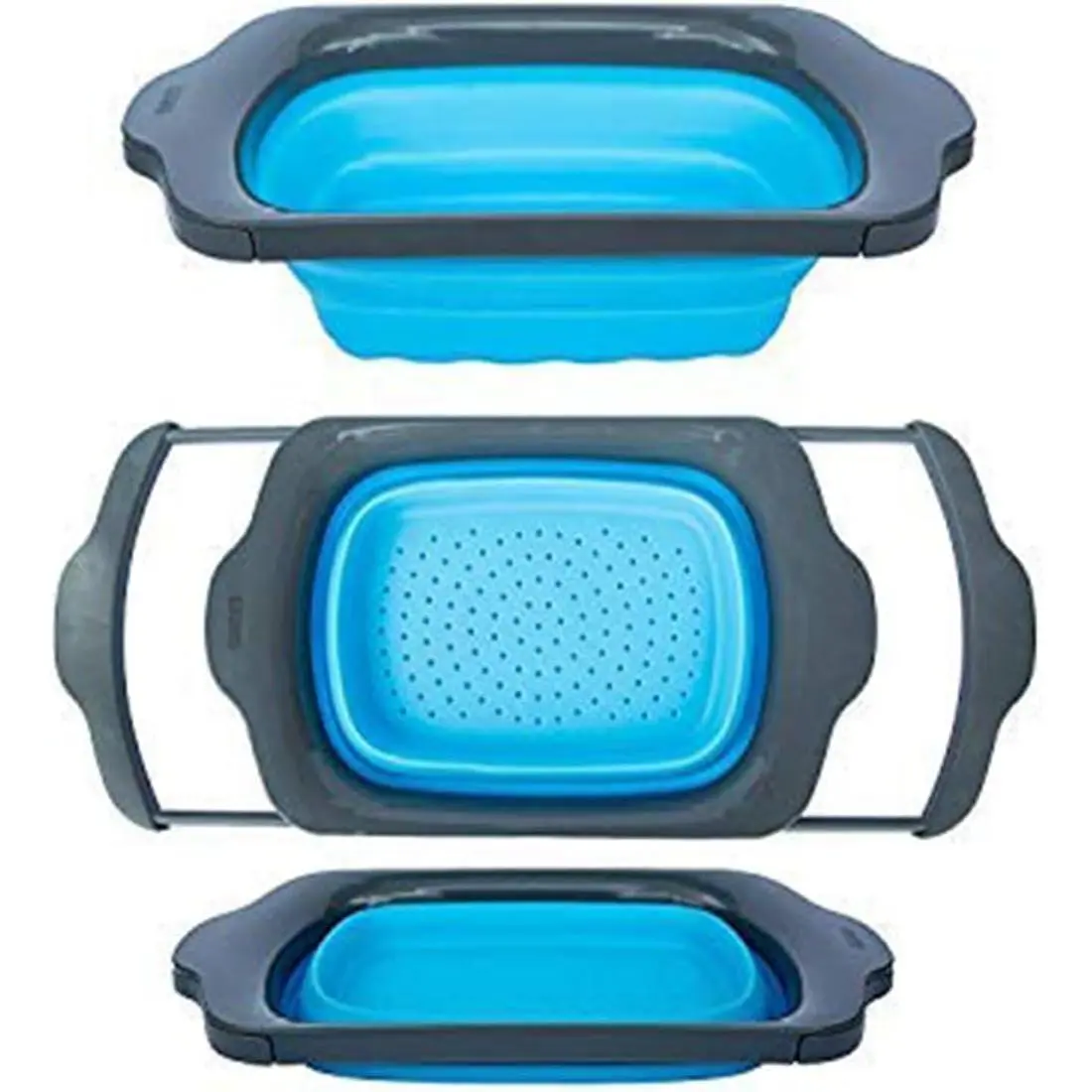 XL Large Kitchen Strainer - Collapsible Silicone Over - The-Sink Colander with Extendable Handles - Use with Pasta, Fruit, Berries & Veggie - 6 Quart - Blue