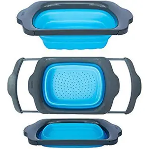 XL Large Kitchen Strainer - Collapsible Silicone Over - The-Sink Colander with Extendable Handles - Use with Pasta, Fruit, Berries & Veggie - 6 Quart - Blue