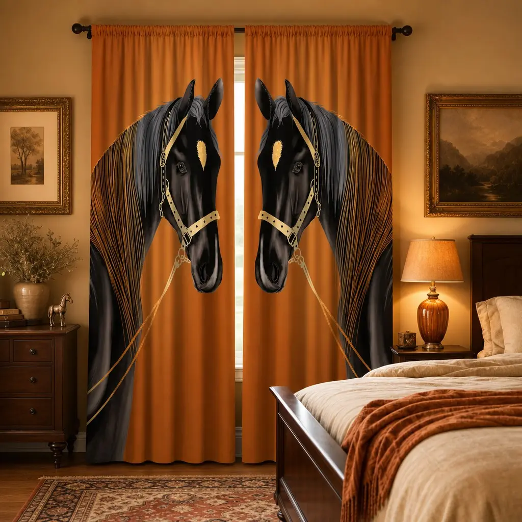 2 Piece Noble Horse Portrait Fabric Curtains, Realistic Western Style, Ideal for Farmhouse Bedroom and Study, Elegant Home Decor