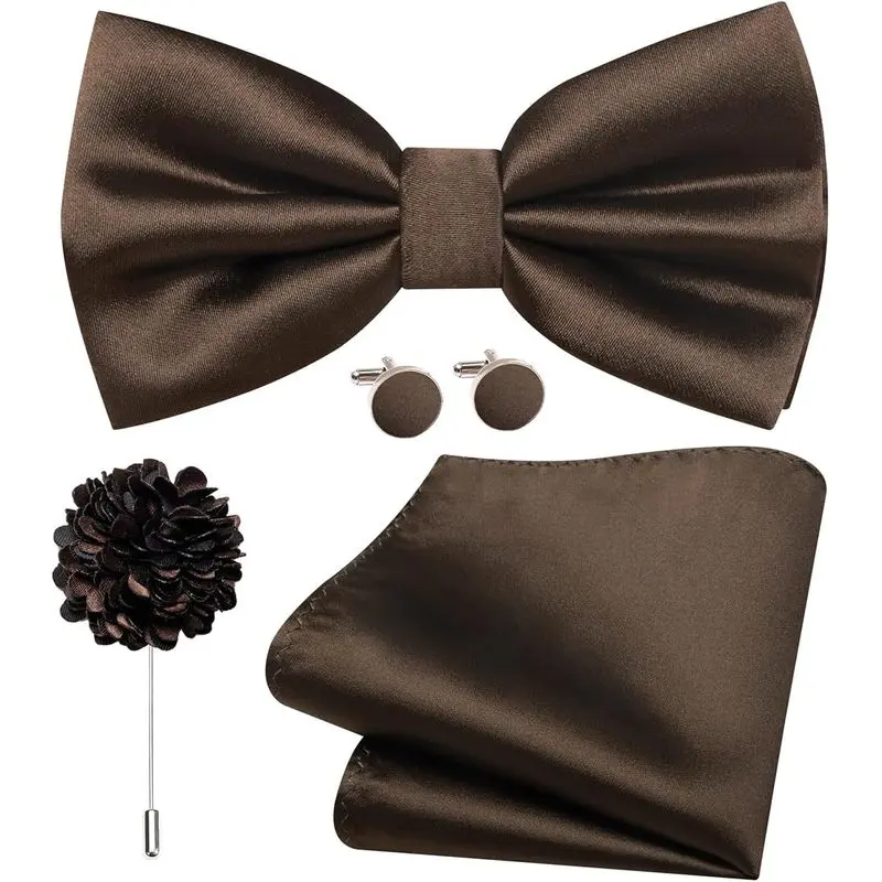 Men's Satin Pre-tied Solid Adjustable Bow Tie 4PCS Set - Includes Pocket Square, Lapel Pin, Cufflinks - Business/Wedding Male Set, Bow Tie Shape