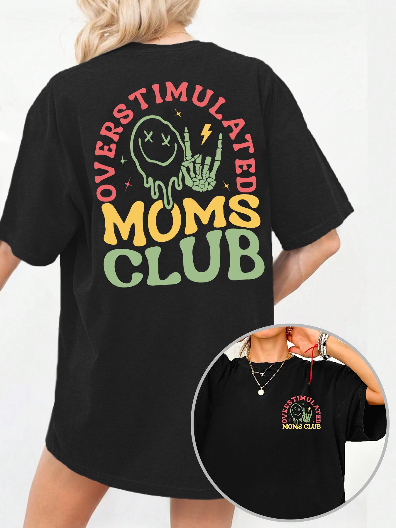Women's "Overstimulated Moms Club" Round Neck Graphic Tee, Vintage Trendy Casual Short Sleeve T-Shirt for Daily Wear, Ladies Summer Top