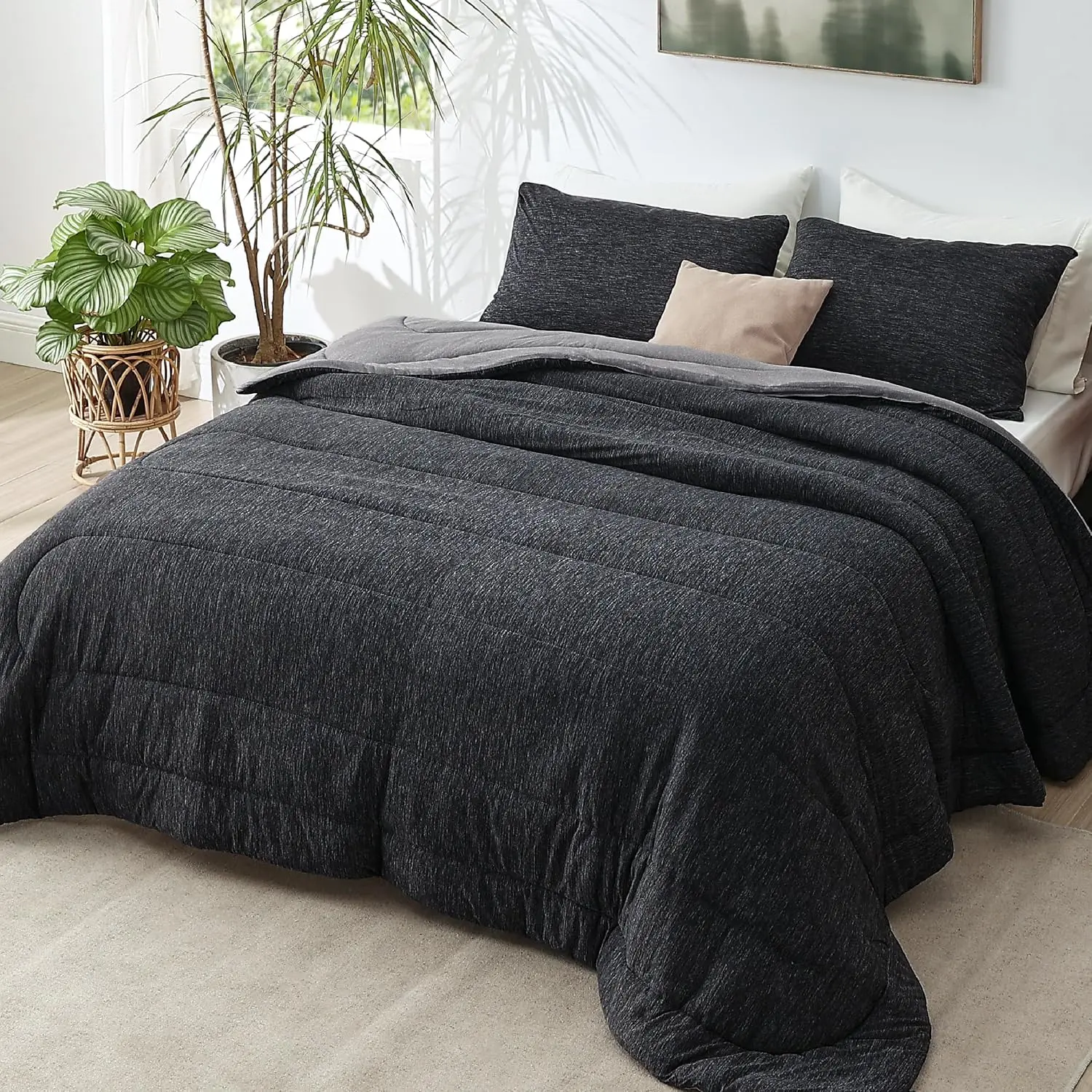 Queen Size Charcoal Black - Lightweight Comforter Set for Hot Sleepers, Reversible Bedding for All Season, 3 Pieces, 1 Soft Comforter (88"x88") and 2 Pillow Cases (20"x26")