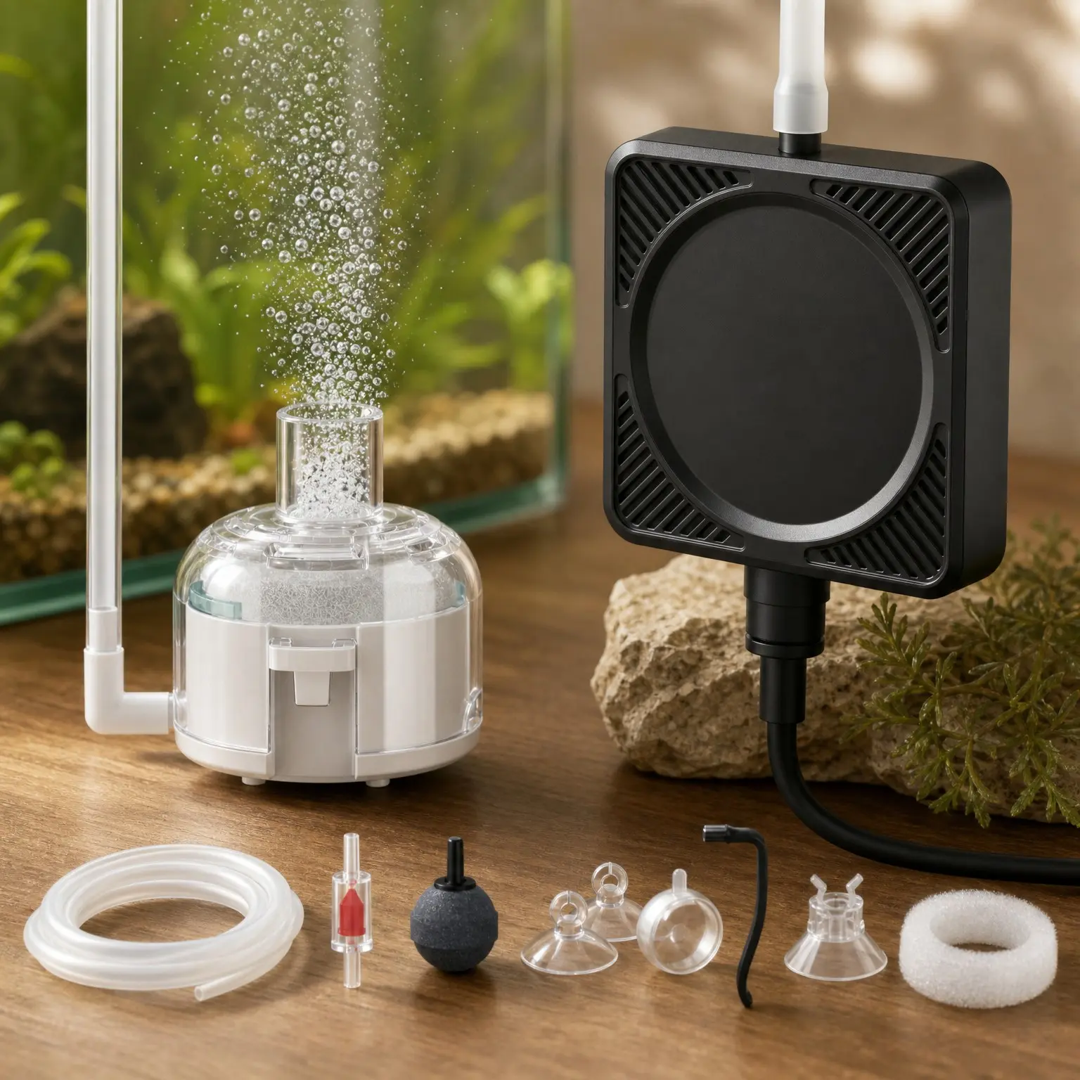 Mini Aquarium Air Pump Kit, Ultra Quiet Oxygen Aerator for 1-15 Gallon Fish Tanks with Air Tubing, Air Stone, Check Valve & Suction CupsGift