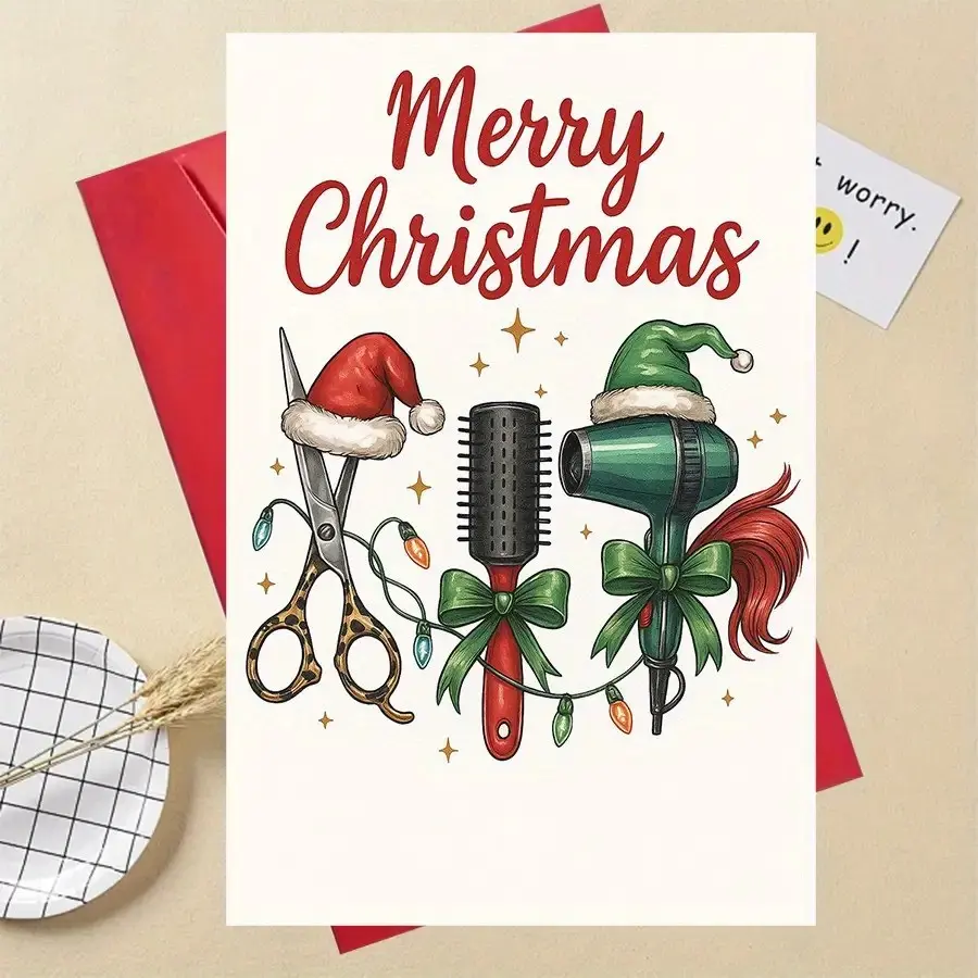 1pc Christmas Card with Envelope, Hairdresser Christmas Greeting Card, Funny Hairstylist Holiday Gift Card with Hair Tools Design, Creative Merry Christmas Card for Barber Salon Stylist Beauty Professional, Christmas Celebration Gift