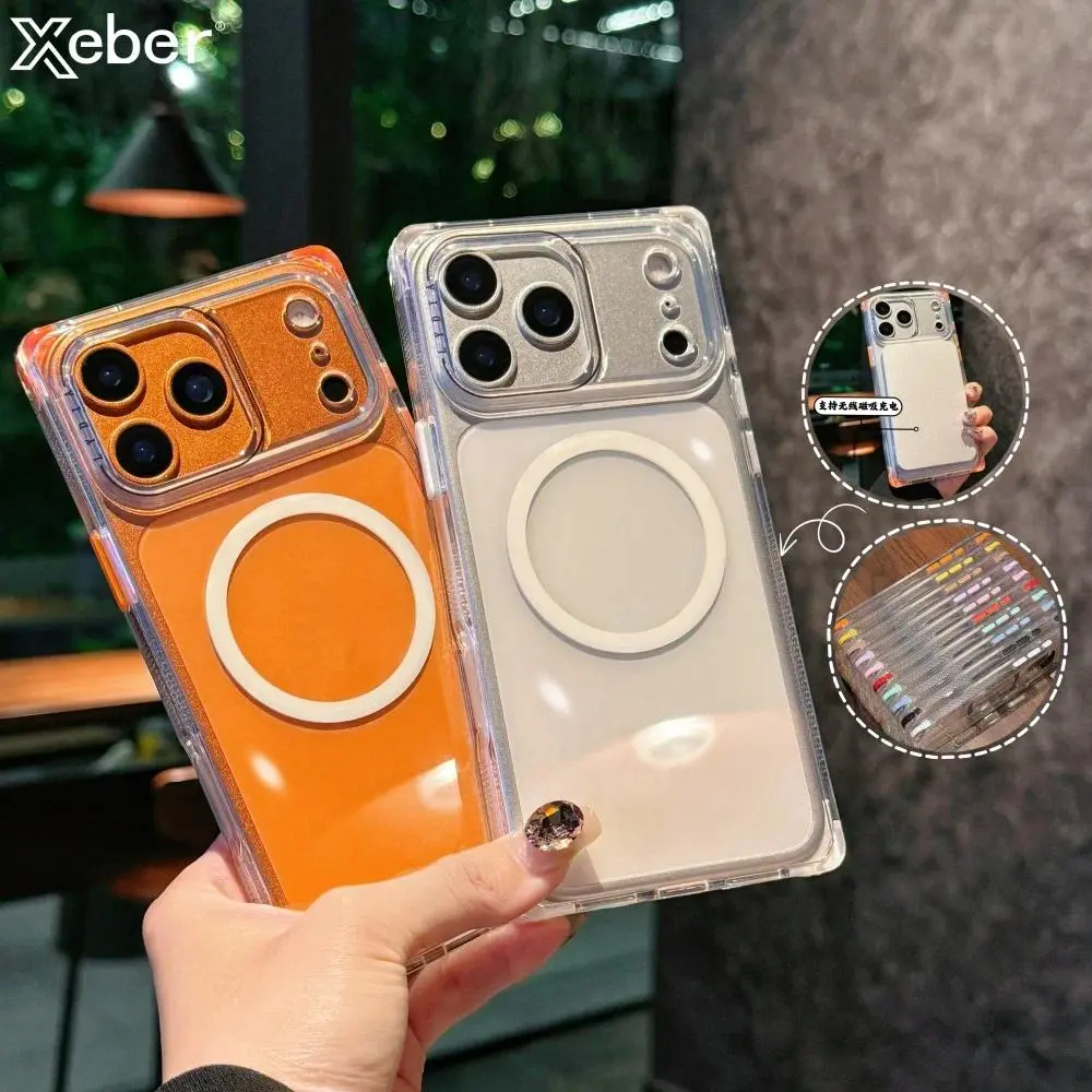 Creative Squares Magnetic Wireless Charging Phone Case For iPhone 17 Pro Max 16 15 Pro Candy Color Transparent Hard PC Cover