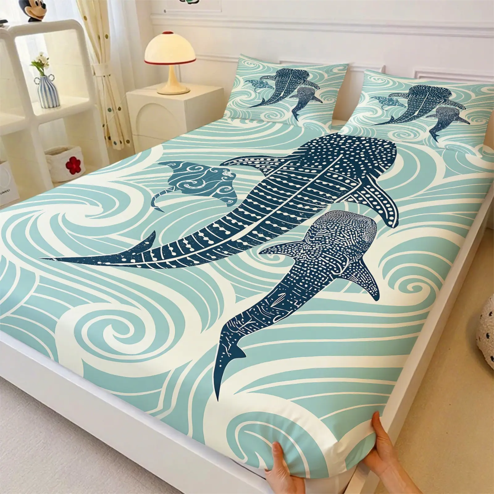 3PCS Whale Shark Stingray Wave Fitted Sheet Set (1 Fitted Sheet + 2 Pillowcases),Soft Wrinkle Resistant Breathable Fabric,Deep Pocket Anti-Slip Full Wrap Design,Printed Bedding Set,Ocean Bedding For Coastal Bedroom & Sea Animal Fans
