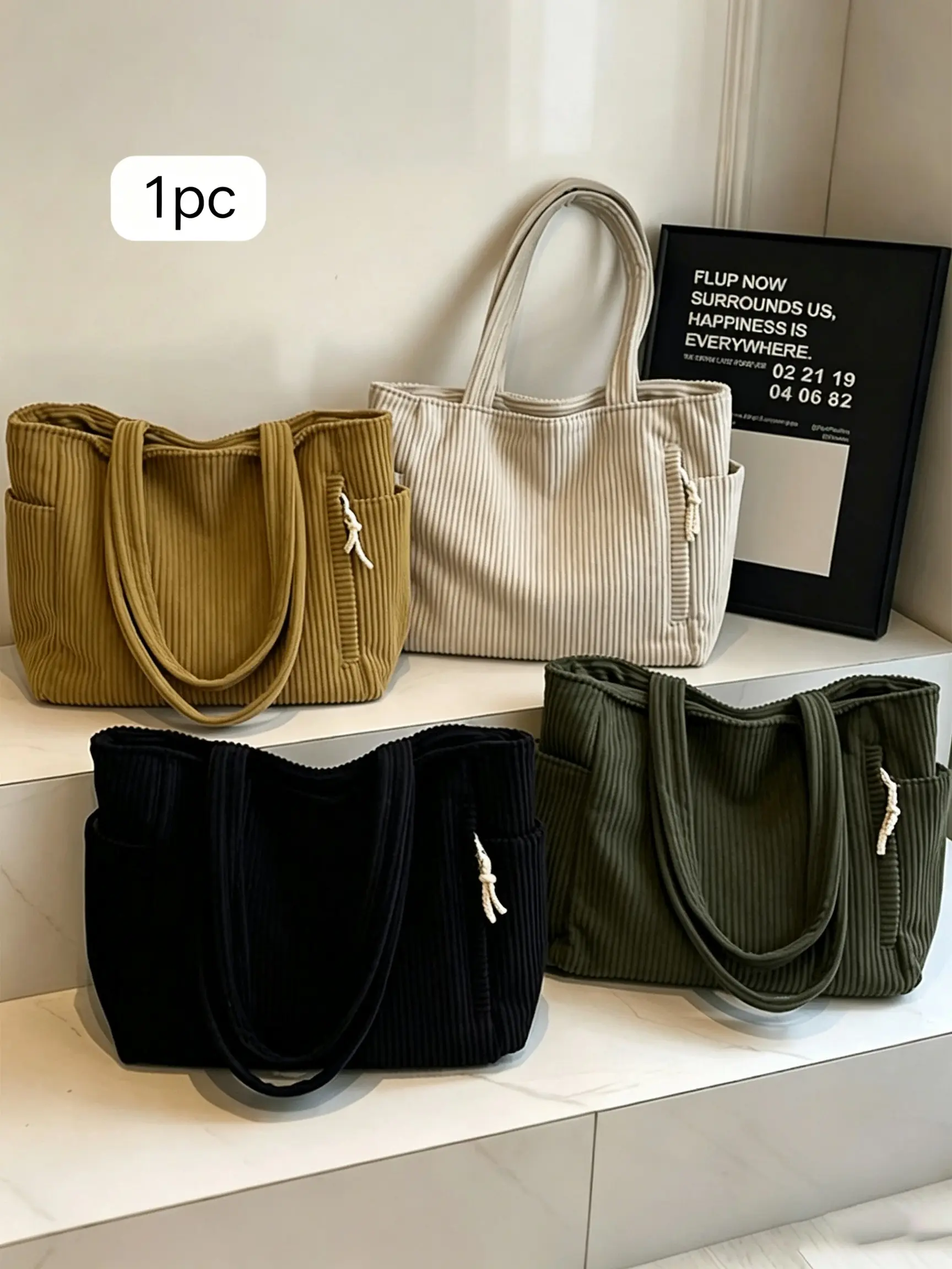 Solid Color Corduroy Tote Bag, Large Capacity Women's Shoulder Handbag, Lightweight Student Bag for School Travel and Work, Multifunctional Commuter Bag, Gift for Girls