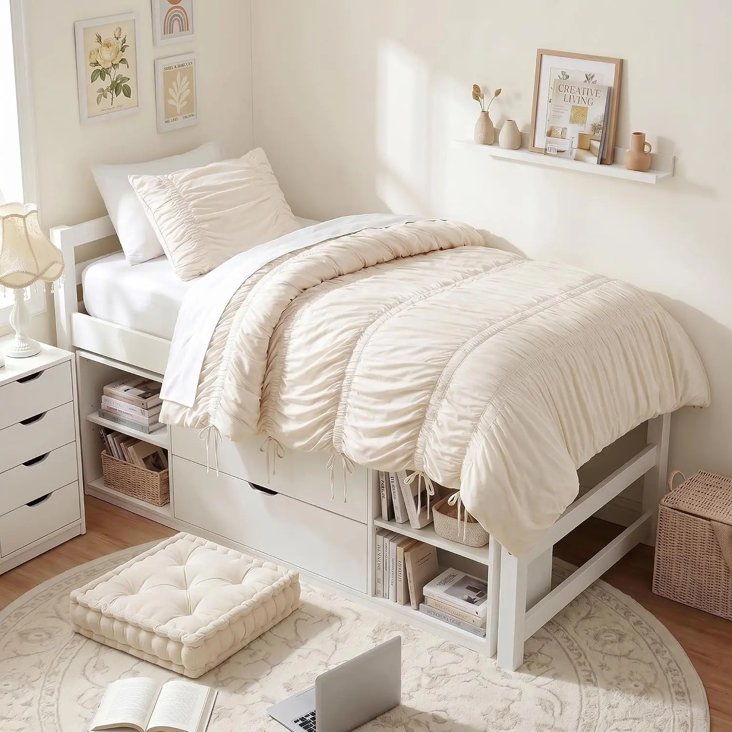 Ruched Shabby Chic Comforters for Twin Size Bed, All Season Lightweight Comforter Twin, French Country Bedding Set, Sham, Ella, Twin/Twin XL, Ivory, 2 Piece