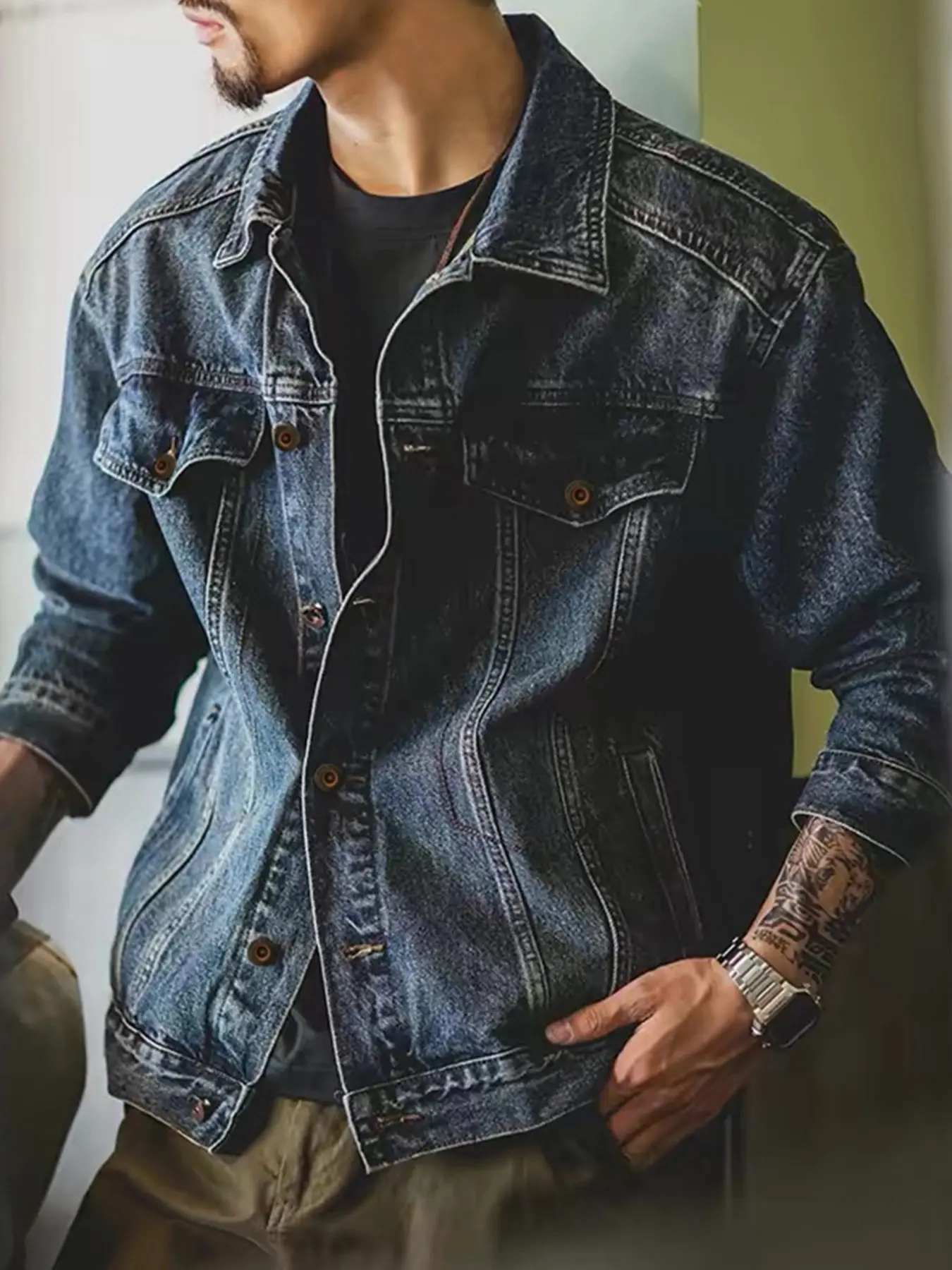 Men Vintage Washed Denim Jacket Solid Color Cargo Pocket Lapel Coat American Retro Loose Oversized Long Sleeve Jean Shacket Spring Autumn Casual Outerwear
