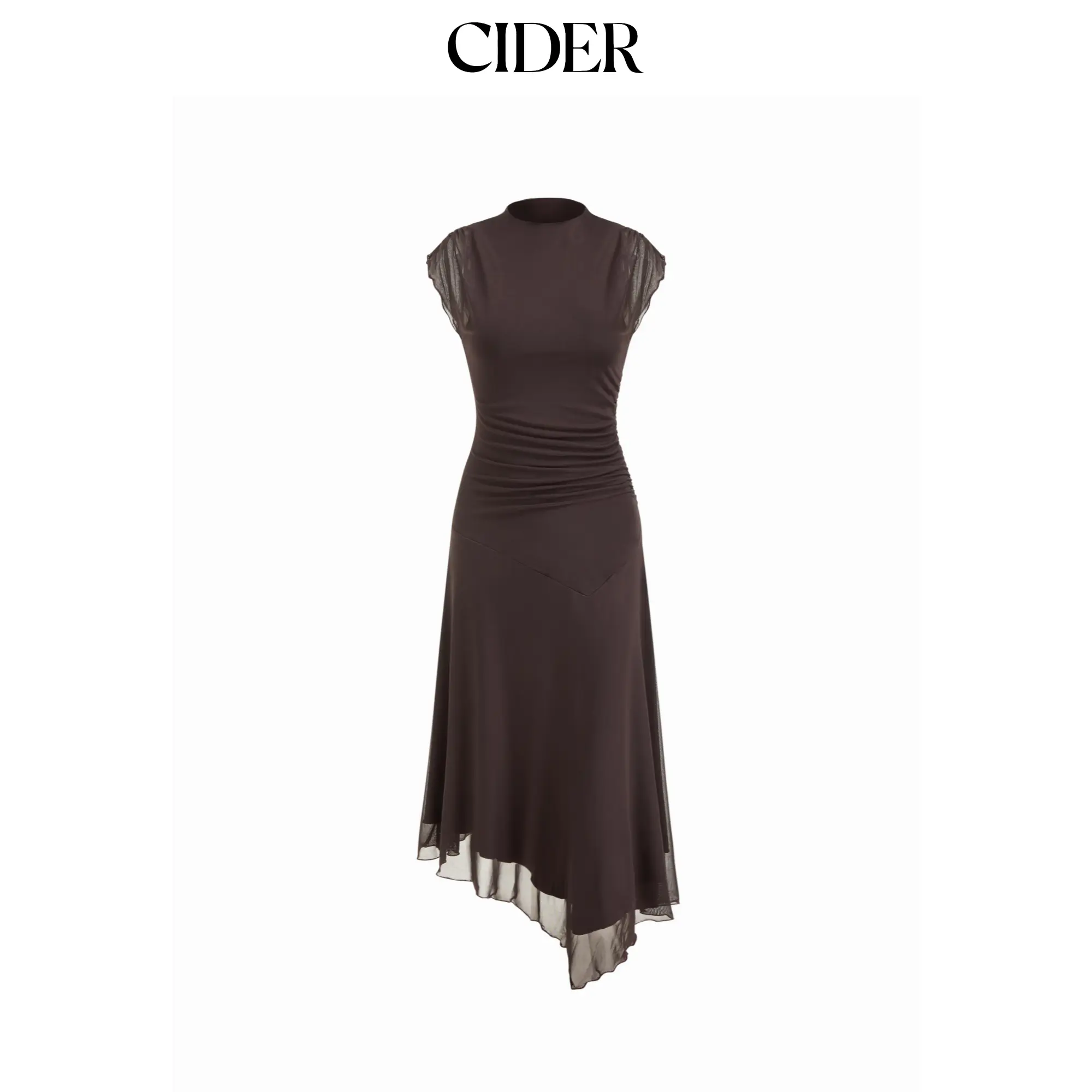 Cider High Neck Ruched Asymmetrical Hem Midi Dress