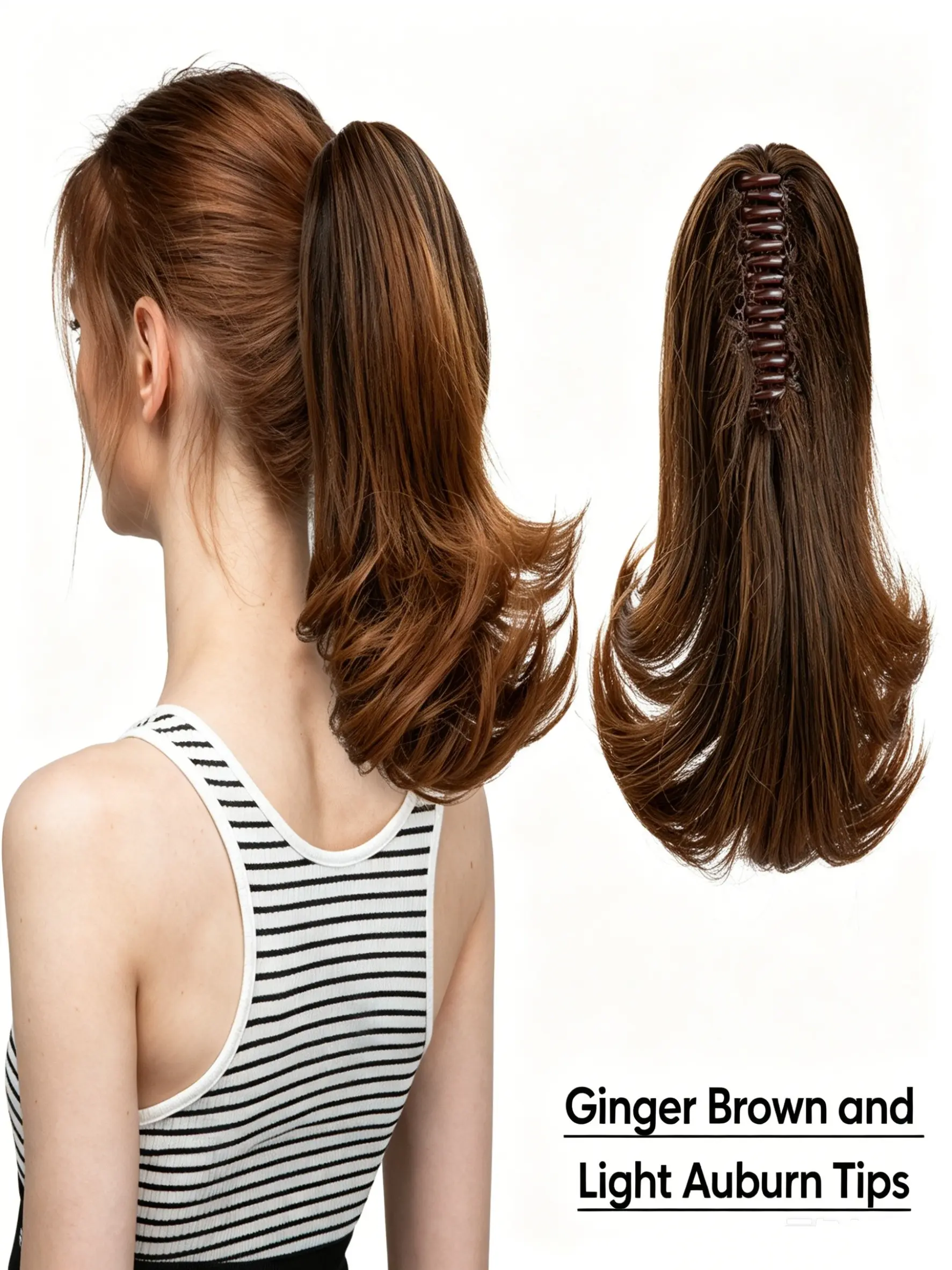🧡Trendy Ginger Brown Auburn Tip Claw Ponytail Hairpiece, Tangle-Free Soft Flared Pony Extension, Quick Clip Install In Seconds to Boost Thin Hair Volume for Lazy Daily Styling