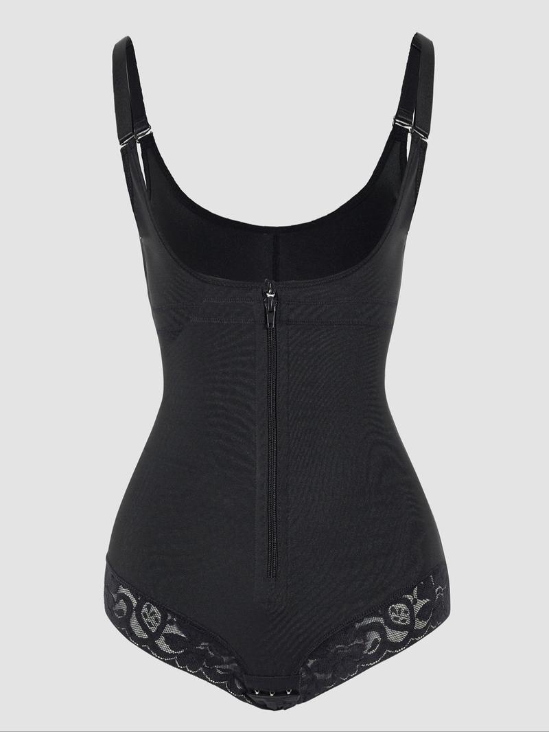 Women's Solid Color Lace Trim Zip Up Bodysuit, Casual Comfortable Breathable Adjustable Strap Open Crotch Tummy Control Butt Lifting Bodysuit, Women's Shapewear for Daily Wear, Post Surgery Bodysuit