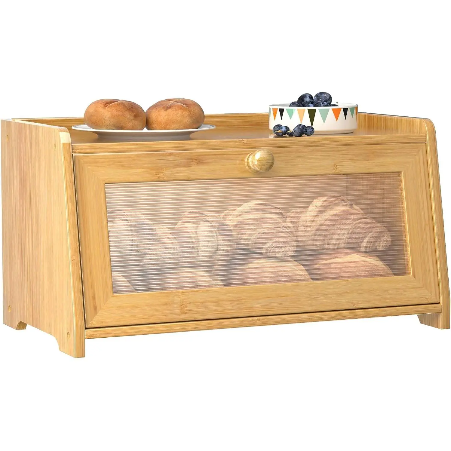 Bread Box for Kitchen Countertop, Vintage Wooden Counter Breadbox, Bamboo Bread Storage Container Bin for Homemade Bread, Small Farmhouse Corner Breadbox Organizer with Acrylic Window, Natural