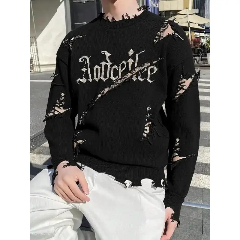 Unisex Ripped Knit Sweater - Letter Pattern, Jacquard Design, Round Neck, Loose Fit, Slight Stretch, Fabric Pullover for Fashion Casual Sports Outdoor Outerwear, Letters