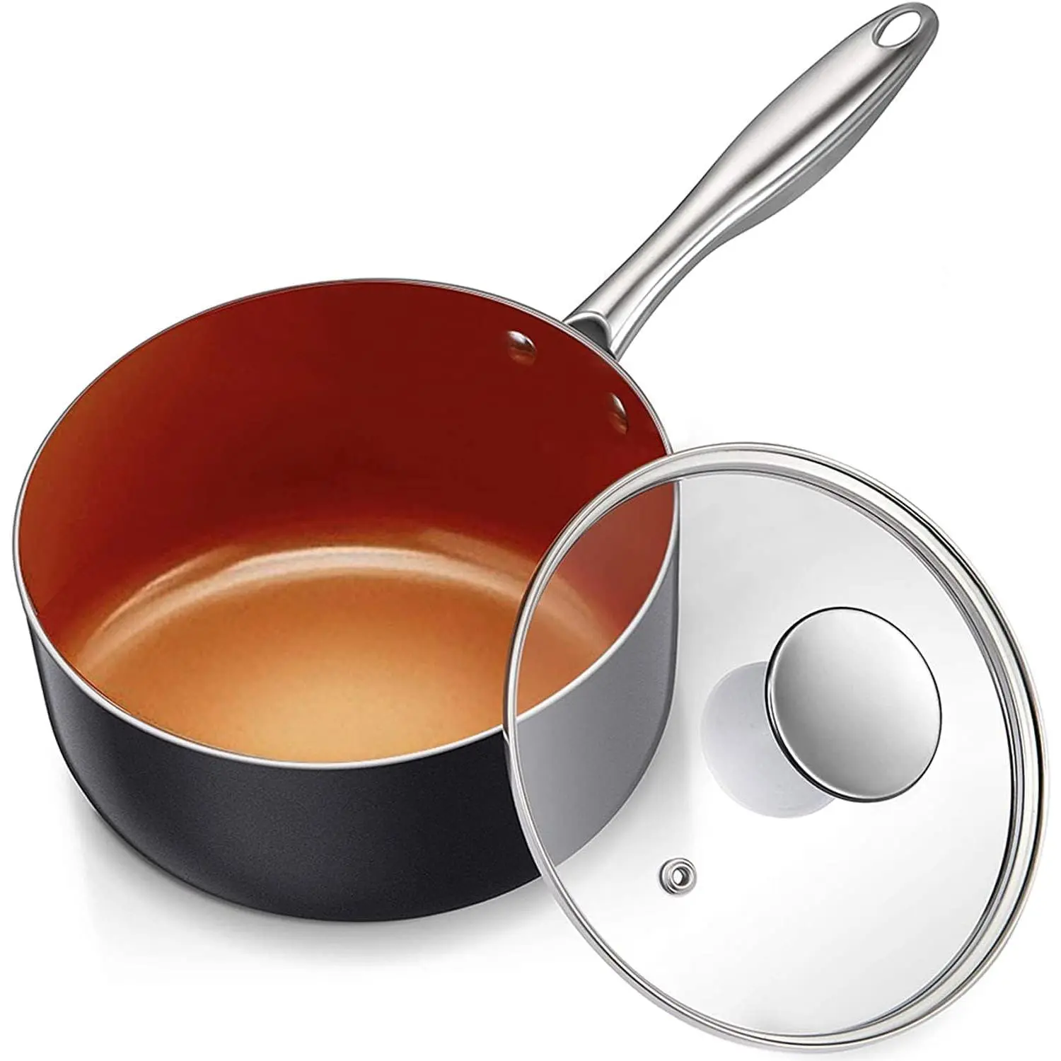 Sauce Pan with Lid, Ultra Nonstick 3 Qt Saucepan with Lid, 3 Quart Non Stick Pot Induction Compatible, Ceramic Small Pot, Copper
