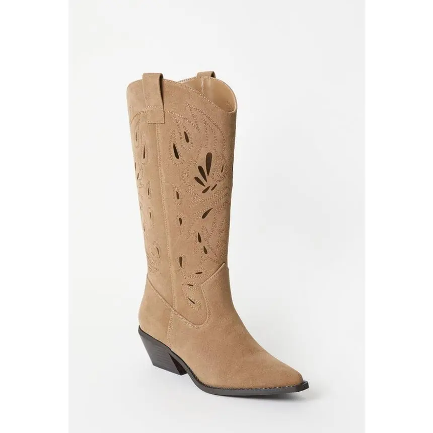JUST FAB Women's Laser Cut Western Cowboy Boots Suede Mid Calf Boots Pointed Toe Stacked Heel Festival Cowgirl Boots Classic Western Style