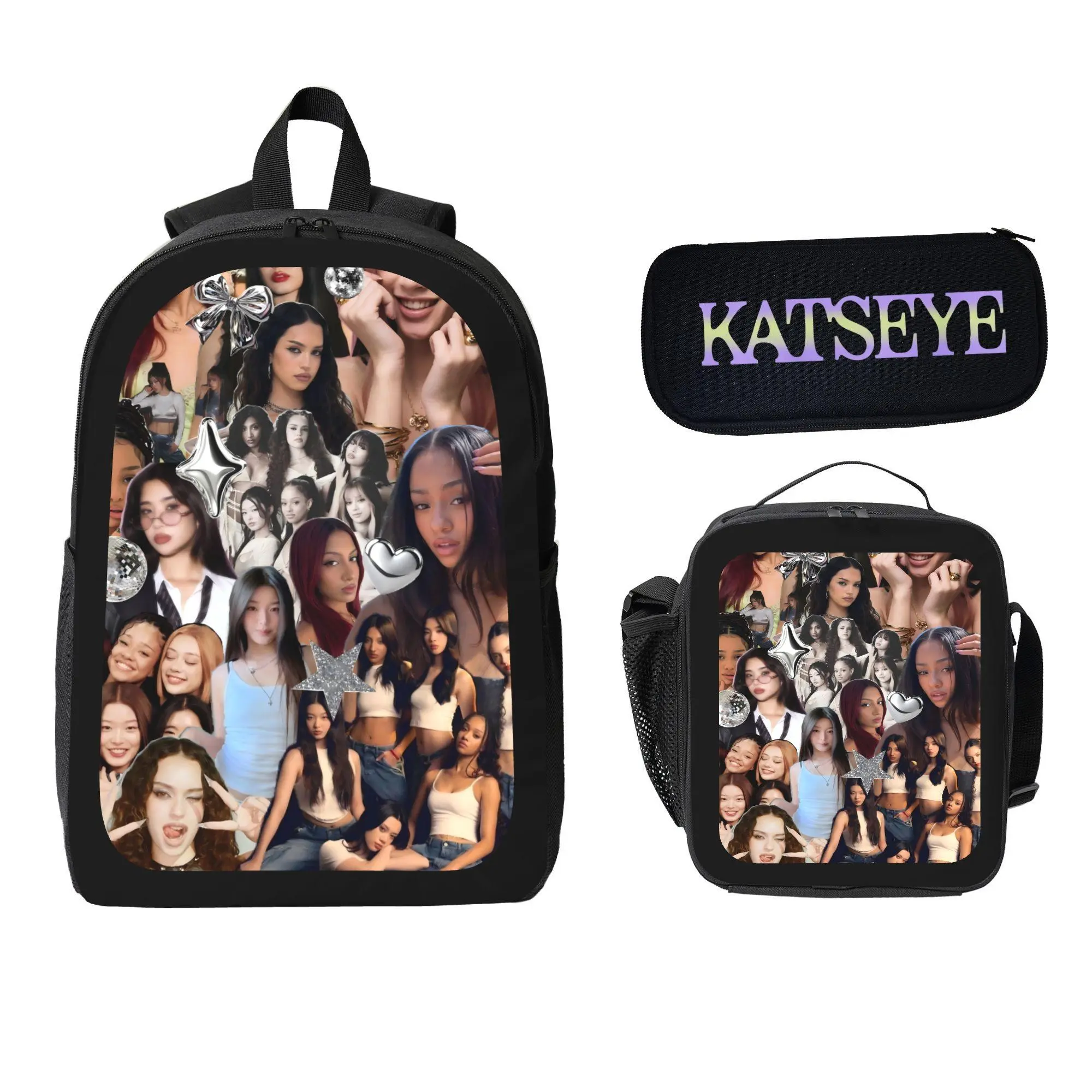 KATSEYE Patchwork Cat Eye Backpack Set - Insulated Lunch Bag, Gradient Pencil Case for Students, Functional Luggage & School Bags Gear