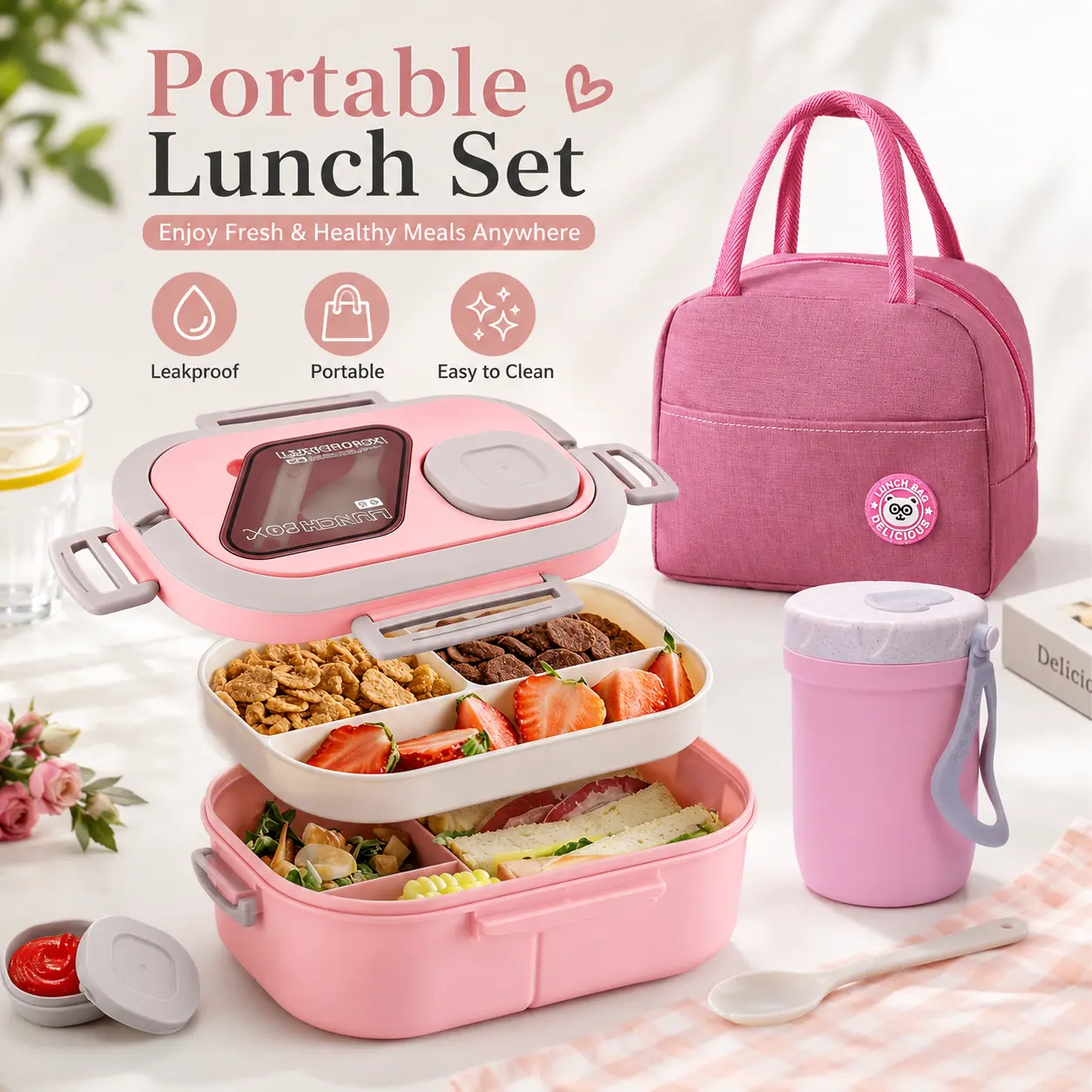 Pink Portable Lunch Box Set with Insulated Lunch Bag, Leakproof Divided Bento Box with Snack Compartment, Matching Soup Cup & Sauce Container, Reusable Meal Prep Food Container for School, Office, Picnic Travel