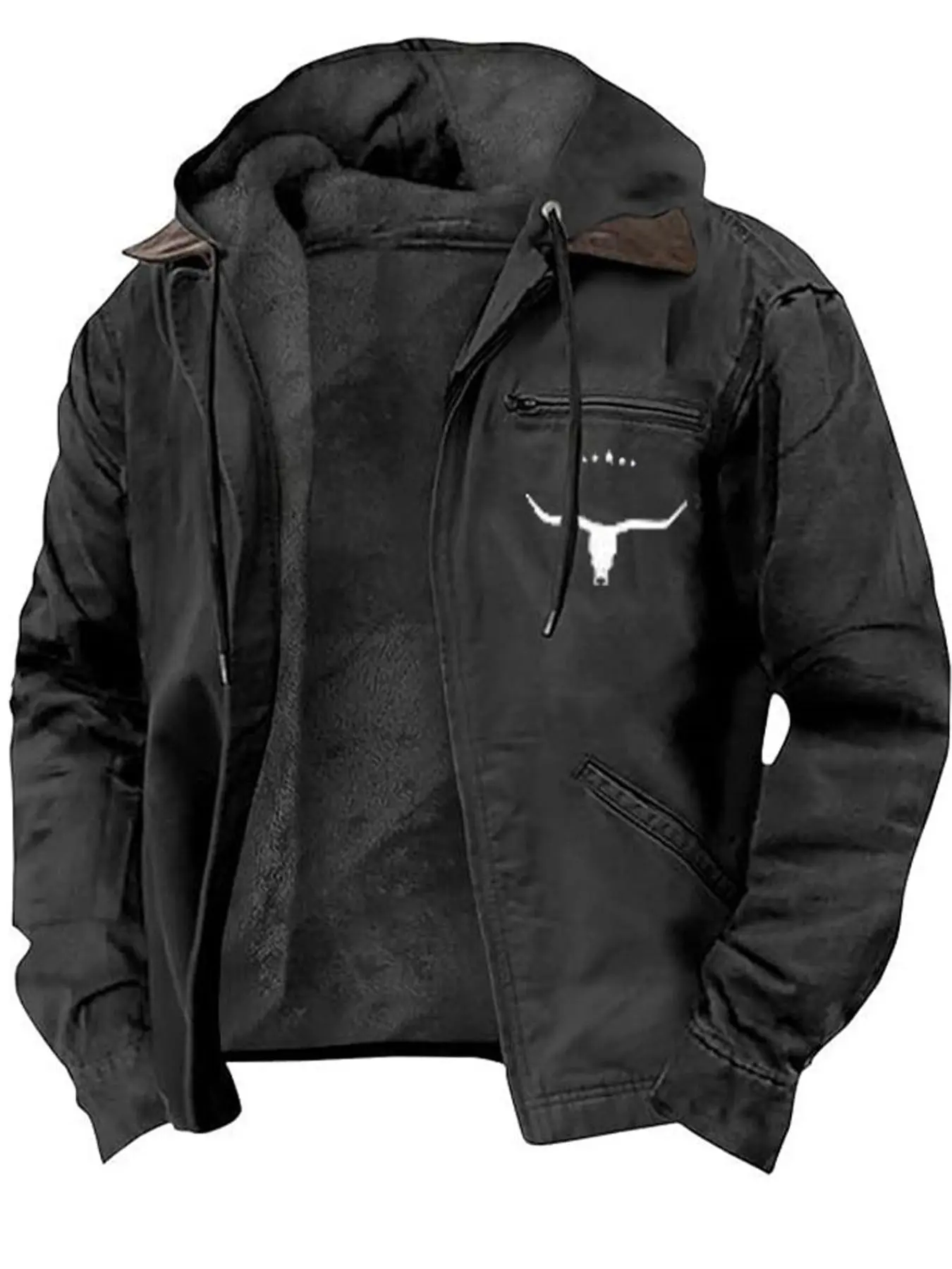 1 PC Men's Spring-Autumn Hooded Coat, with a cow-head print on the chest, a loose and casual retro plain-color zipper multi-pocket jacket, providing comfort and warmth, windproof and cold-resistant, suitable for outdoor activities.