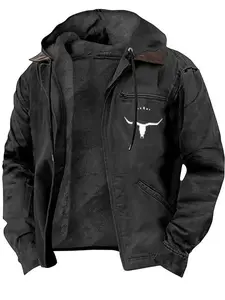 1 PC Men's Spring-Autumn Hooded Coat, with a cow-head print on the chest, a loose and casual retro plain-color zipper multi-pocket jacket, providing comfort and warmth, windproof and cold-resistant, suitable for outdoor activities.